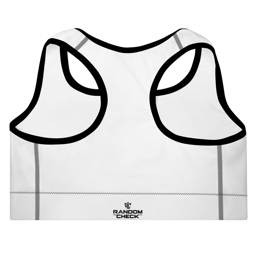 White sports bra with black straps on a white background, featuring the 'Random Check' brand.