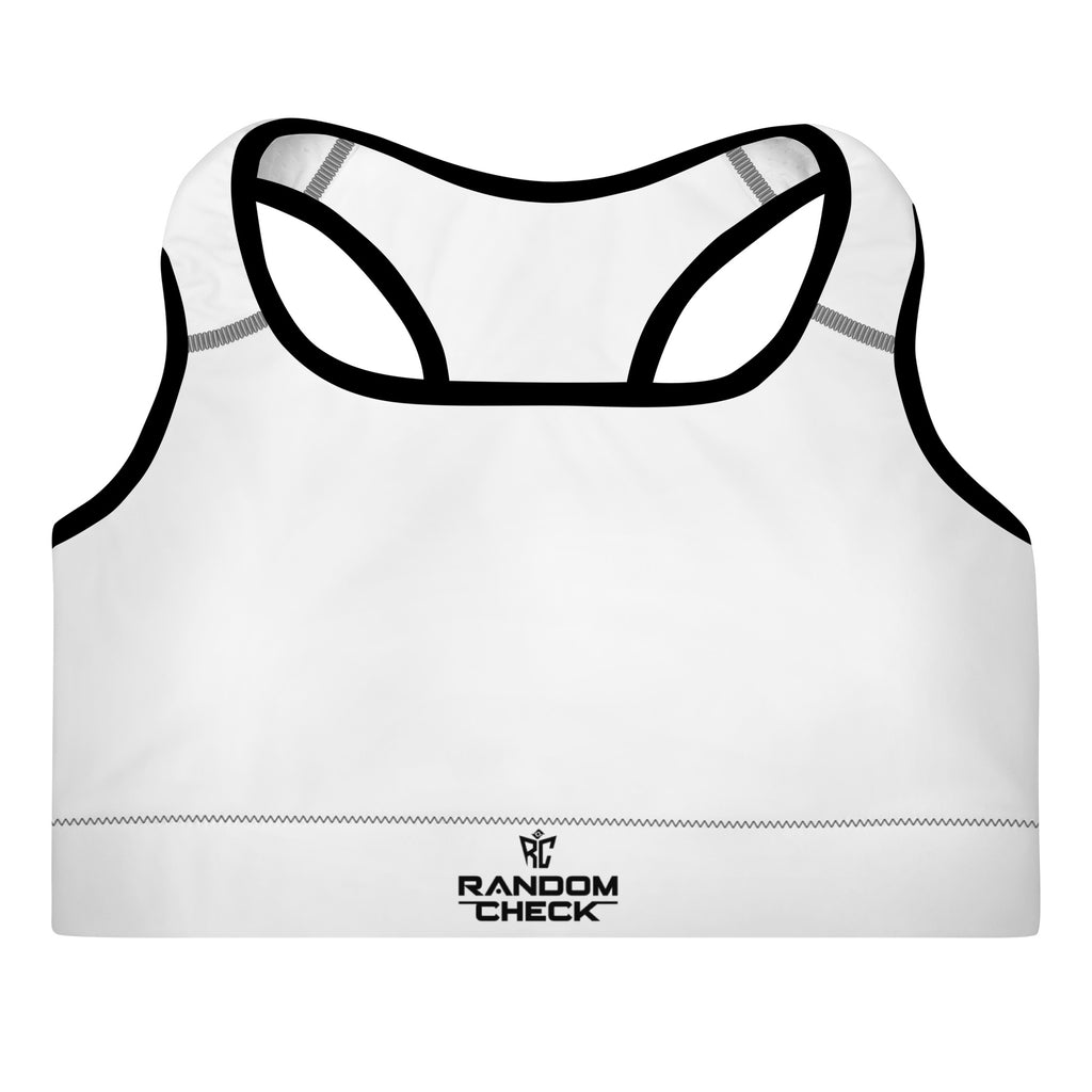 White sports bra with black straps on a white background, featuring the 'Random Check' brand.