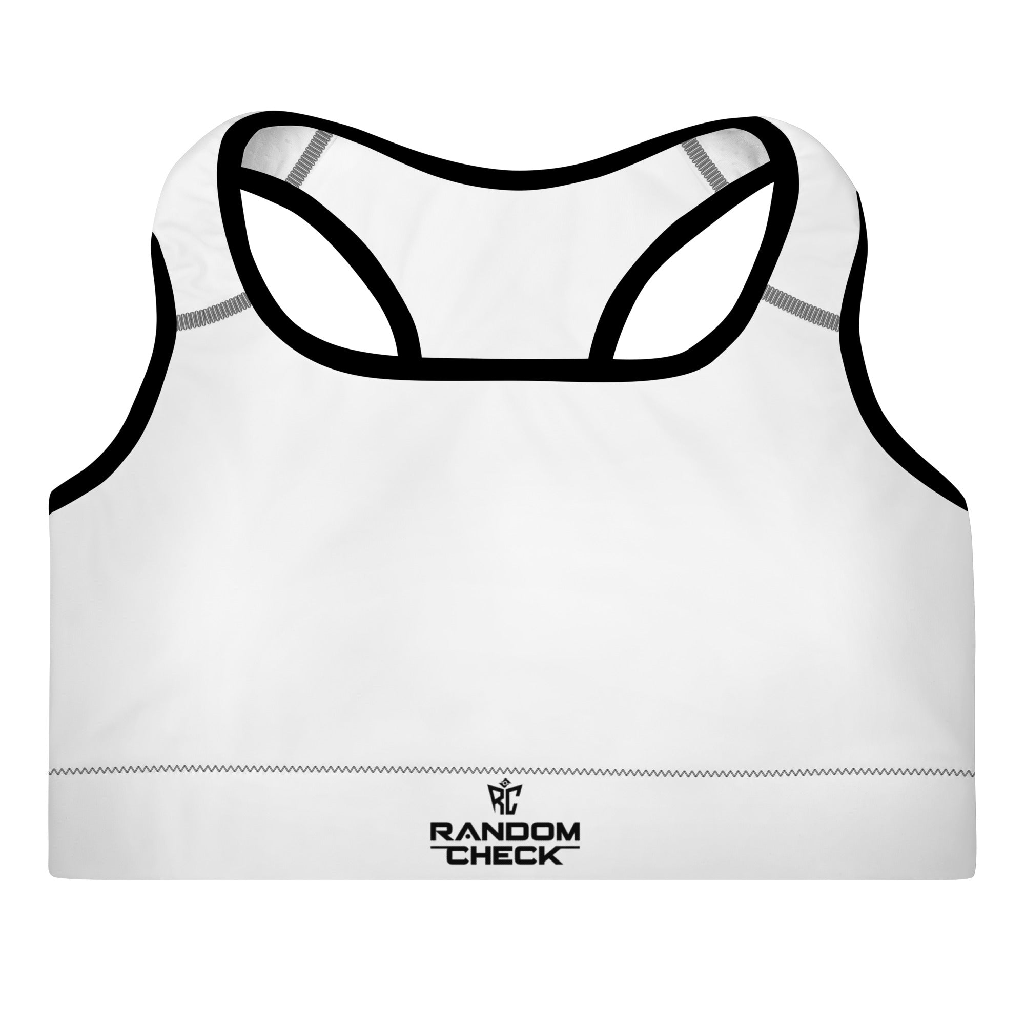 White sports bra with black straps on a white background, featuring the 'Random Check' brand.