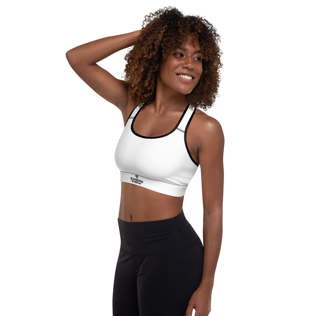 Woman wearing a customizable sports bra with text on a white background