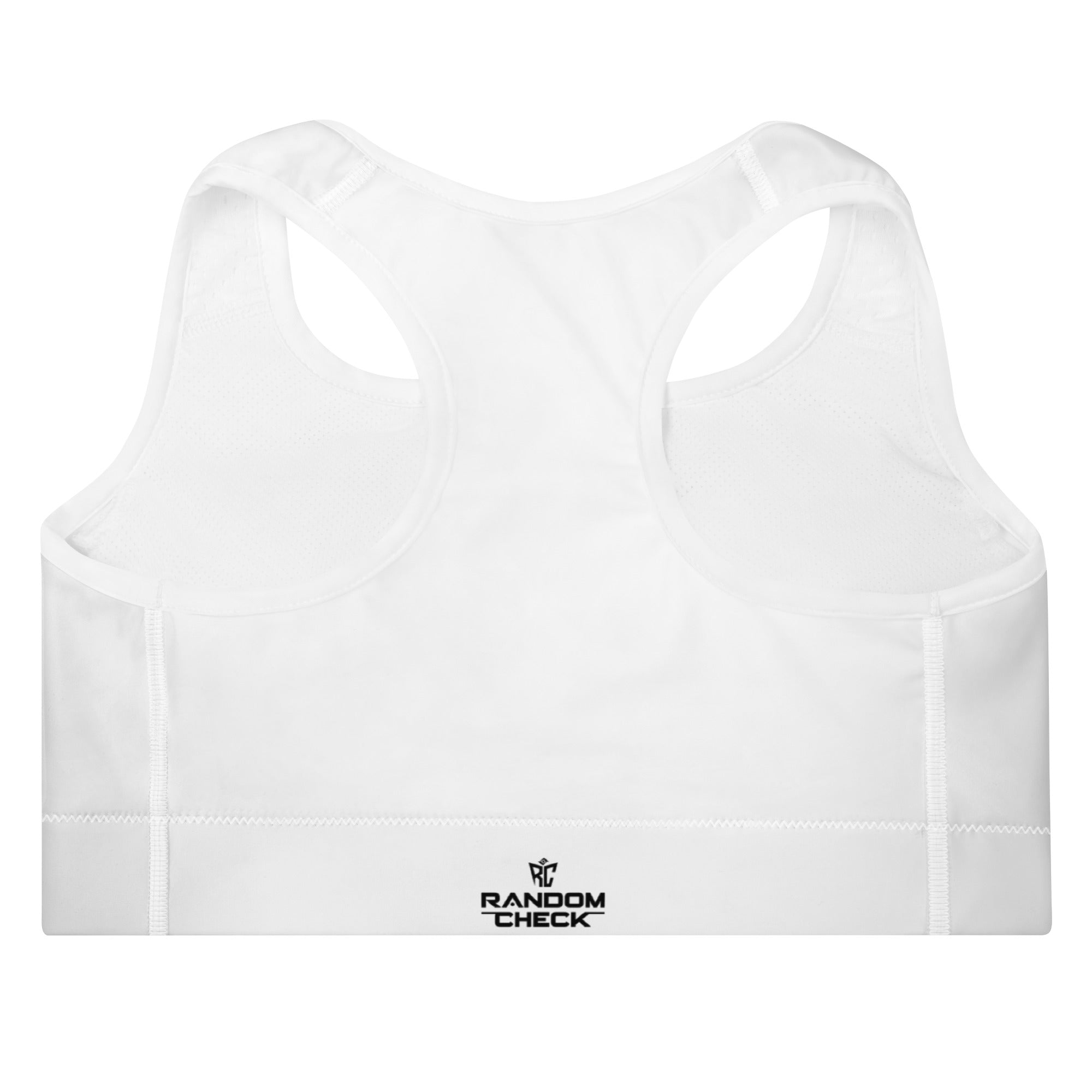 White sports bra with 'Random Check' logo on a white background