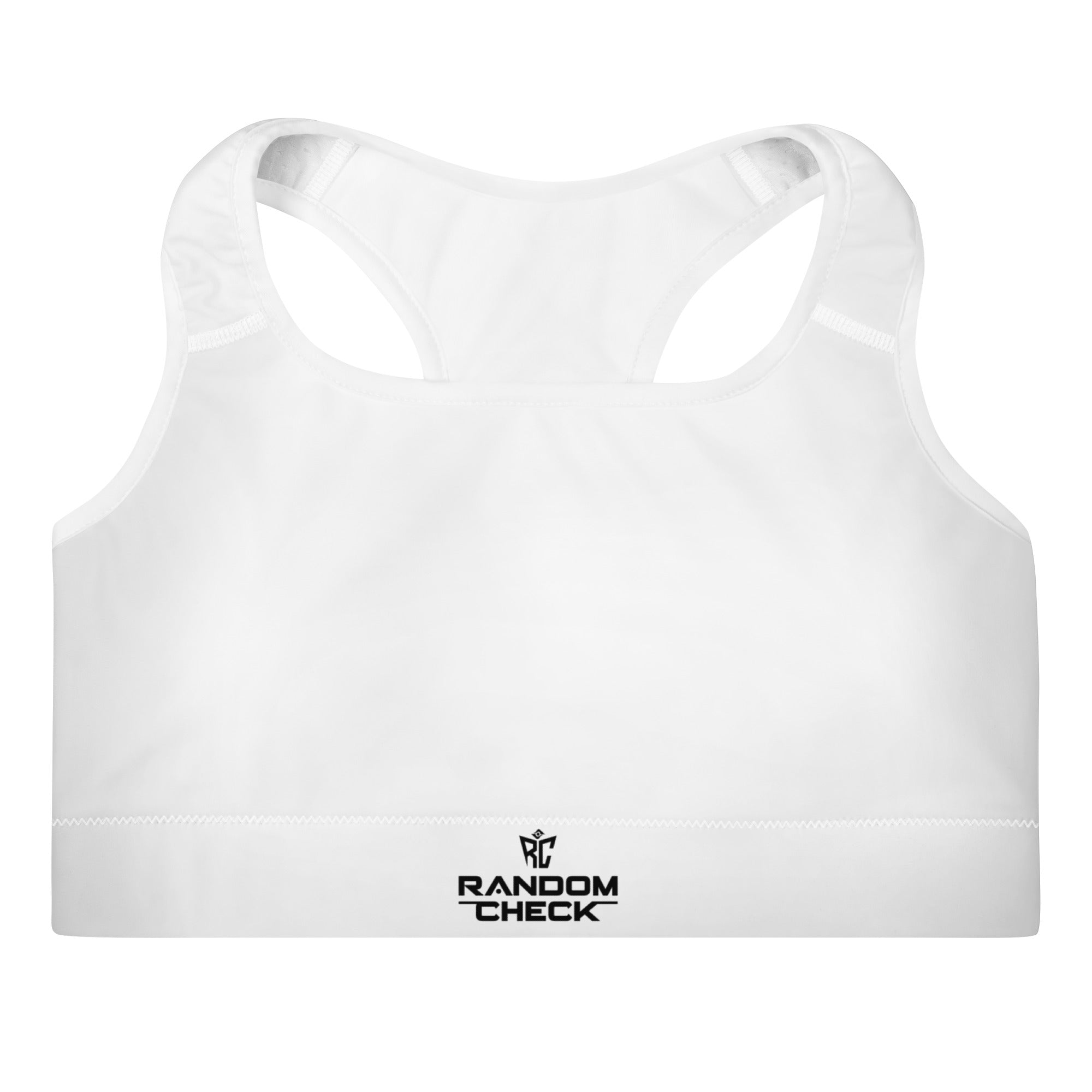 White sports bra with 'Random Check' logo on a white background