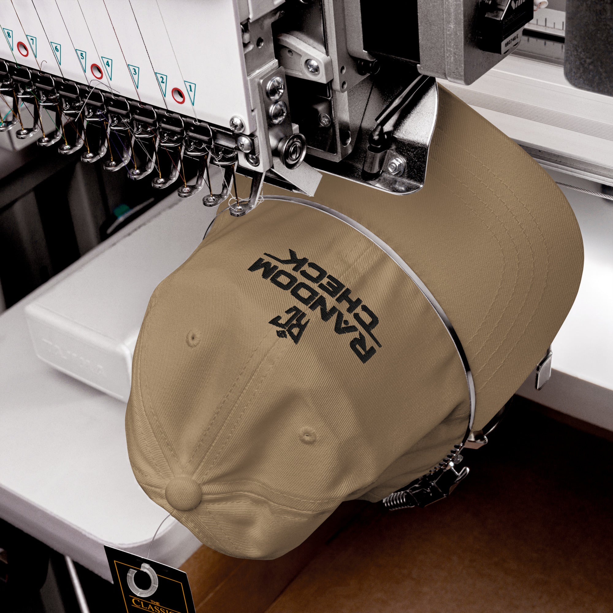Khaki Classic Dad Hat front view showing Random Check logo embroidery