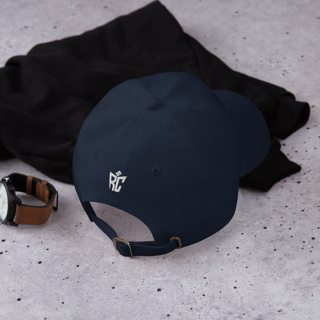 Navy Classic Dad Hat back view with adjustable strap detail