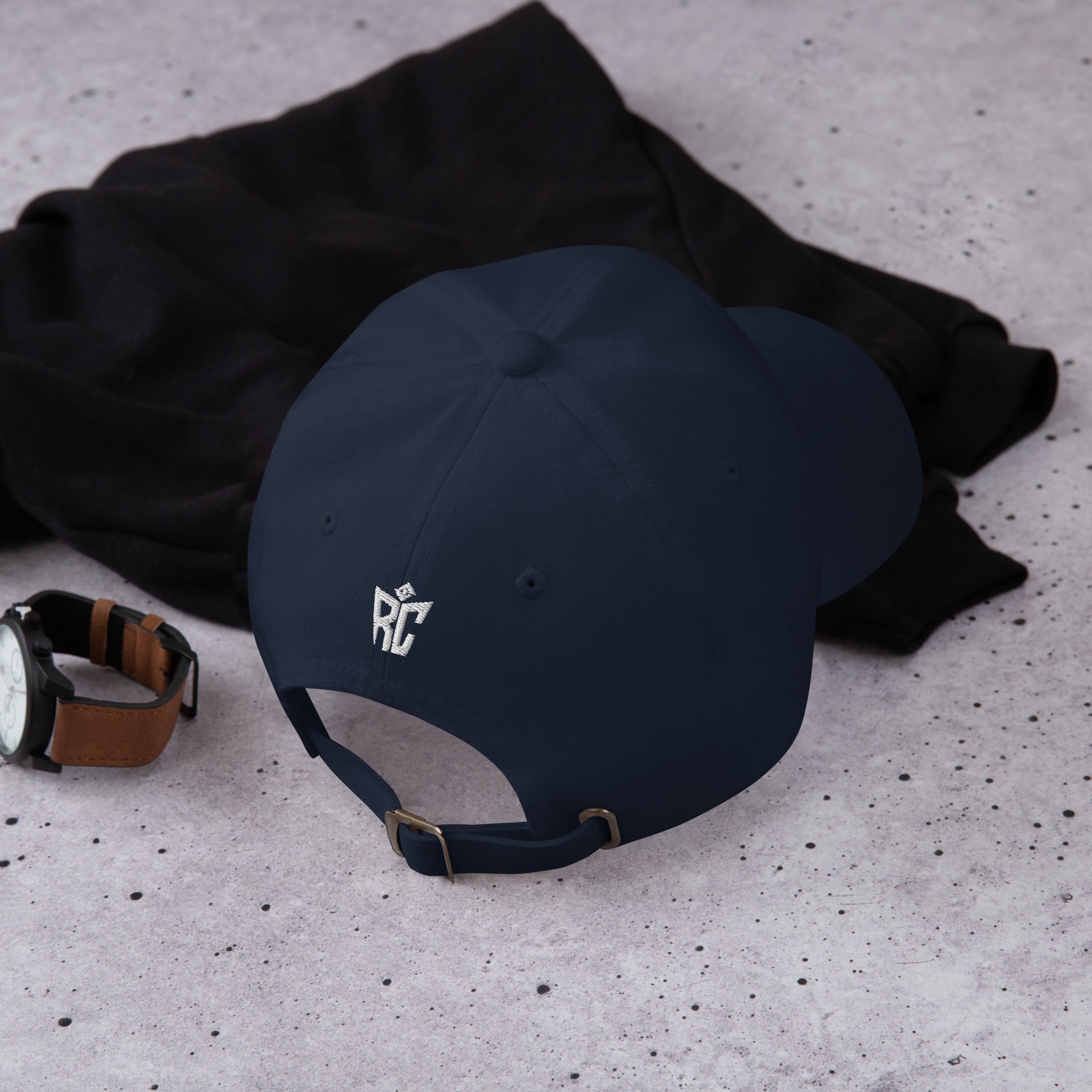 Navy Classic Dad Hat back view with adjustable strap detail