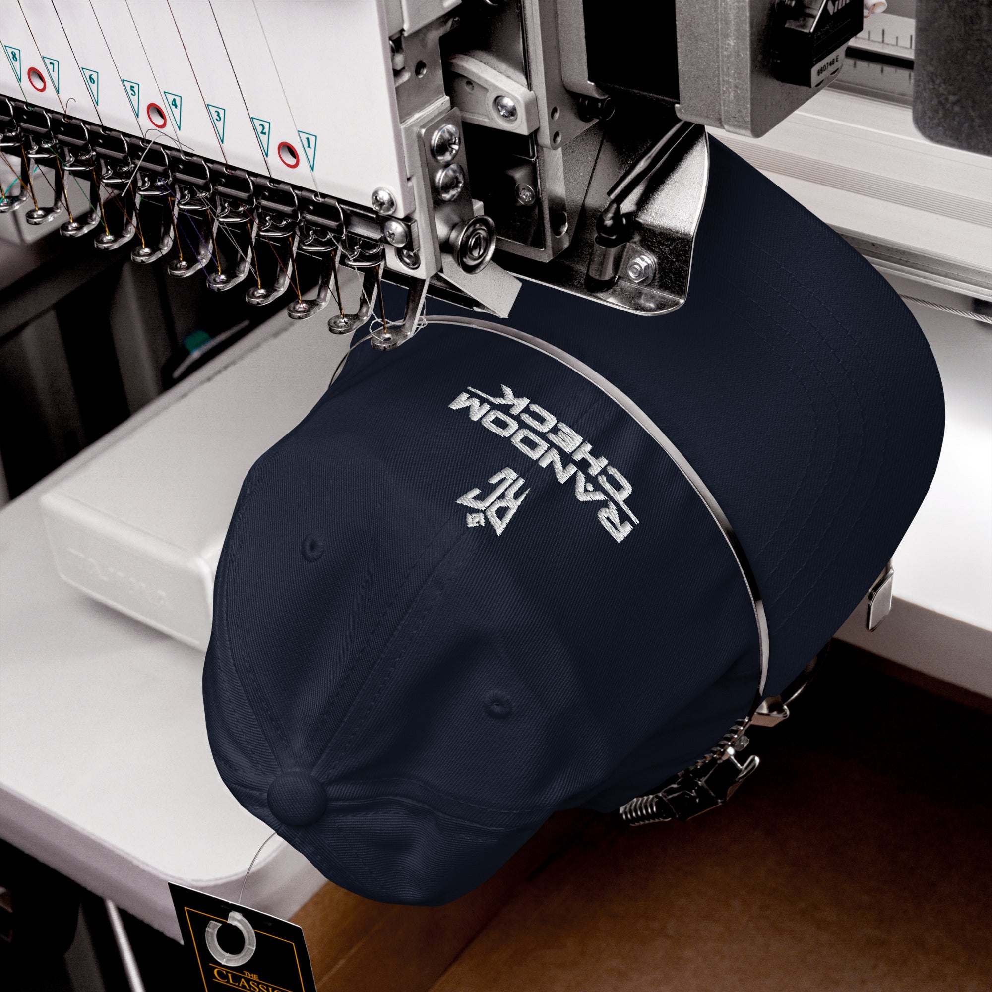 Navy Classic Dad Hat front view showing Random Check logo embroidery