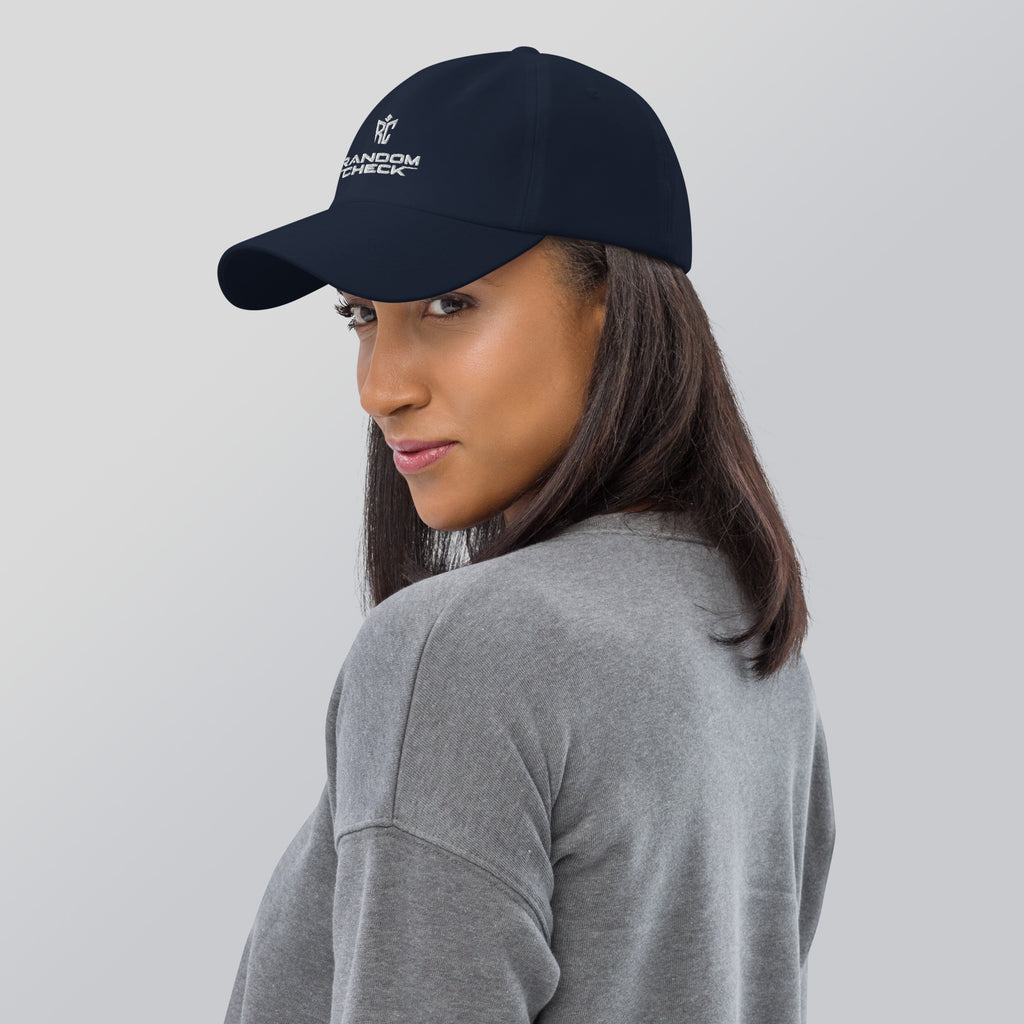 Model wearing navy Classic Dad Hat - unisex premium dad hat