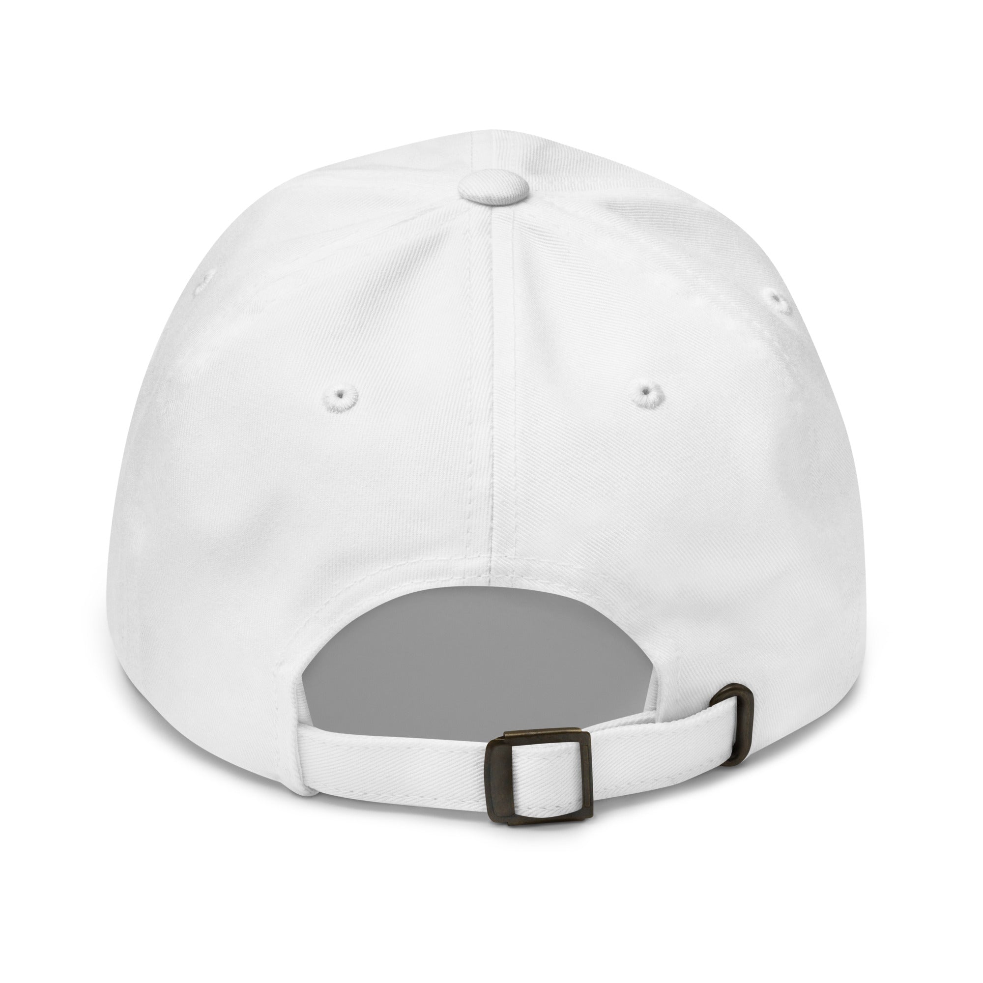 White Classic Dad Hat back view with adjustable strap detail