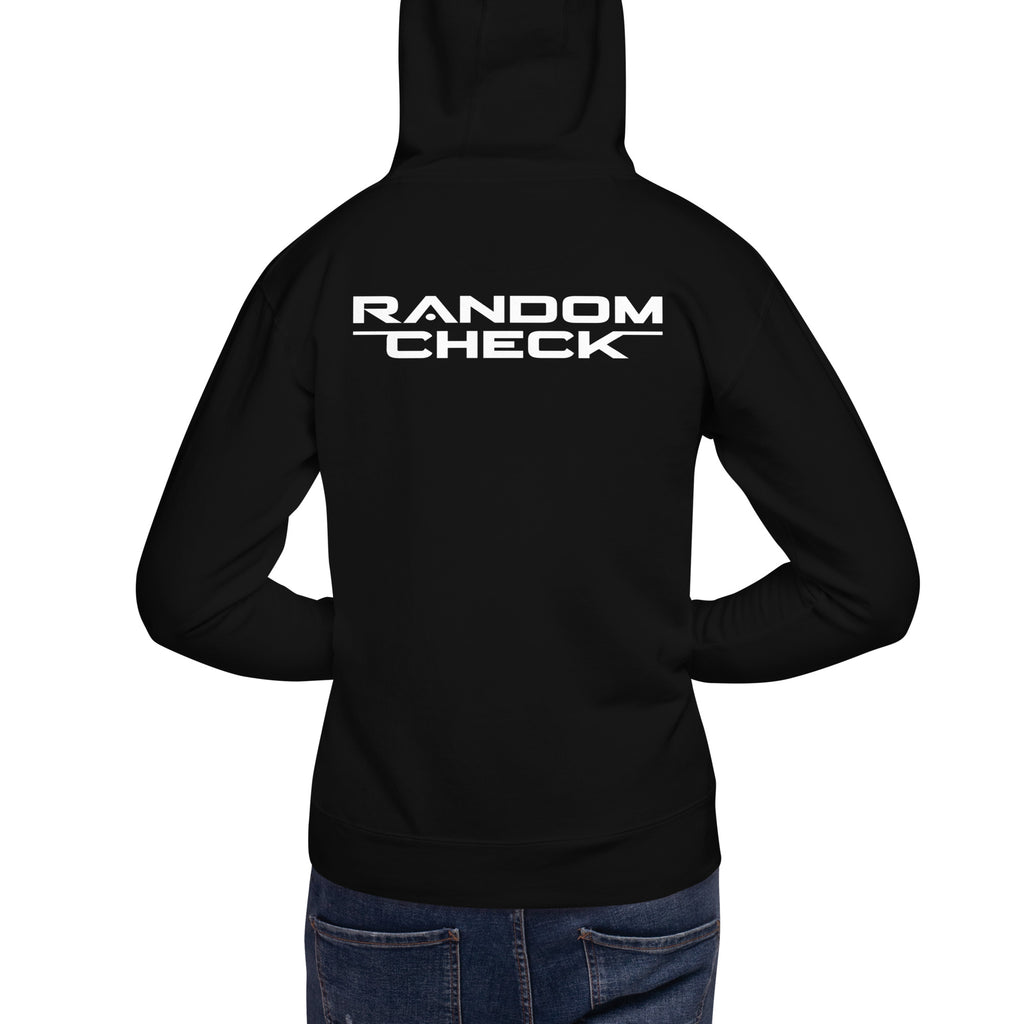 Black Foundation Hoodie back view showing Random Check logo detai