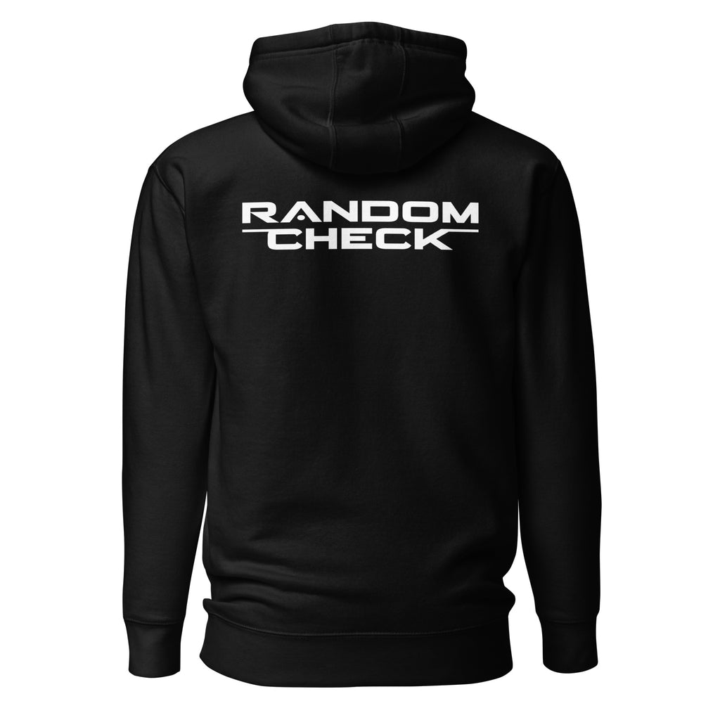 Black Foundation Hoodie back view showing Random Check logo detai