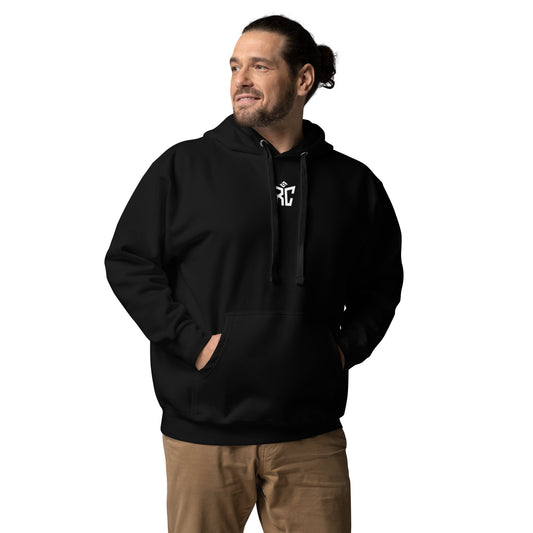 Model wearing black Foundation Hoodie - men's premium streetwear hoodie