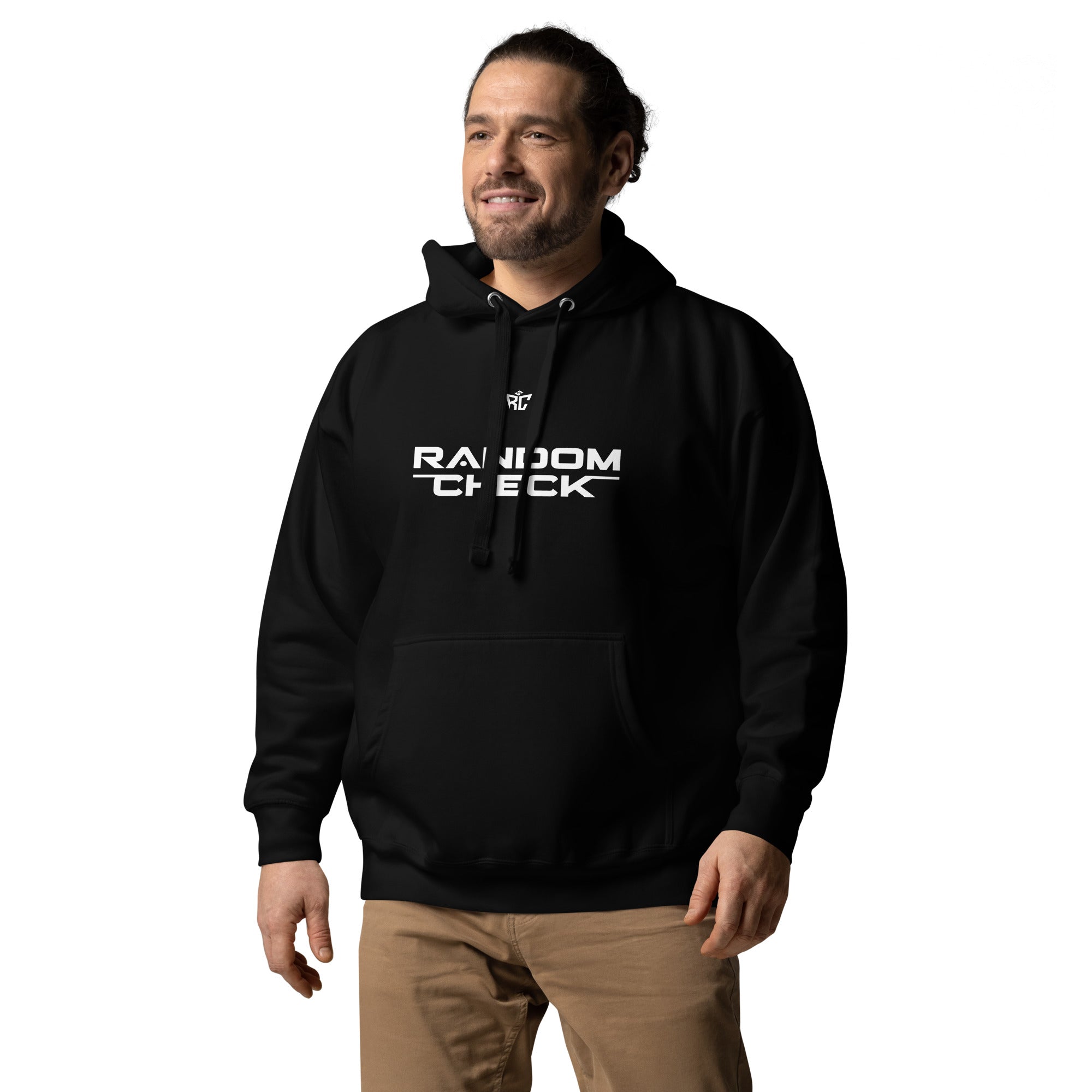 Model wearing black Identity Hoodie - men's premium streetwear hoodie