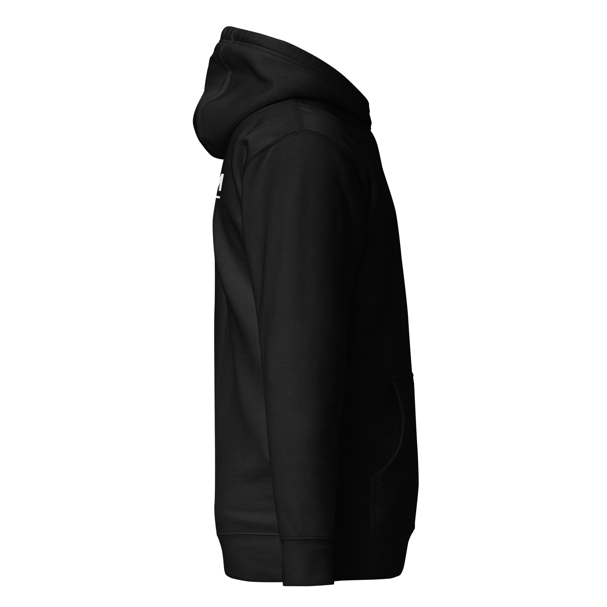 Black Foundation Hoodie side view showing Random Check logo detai