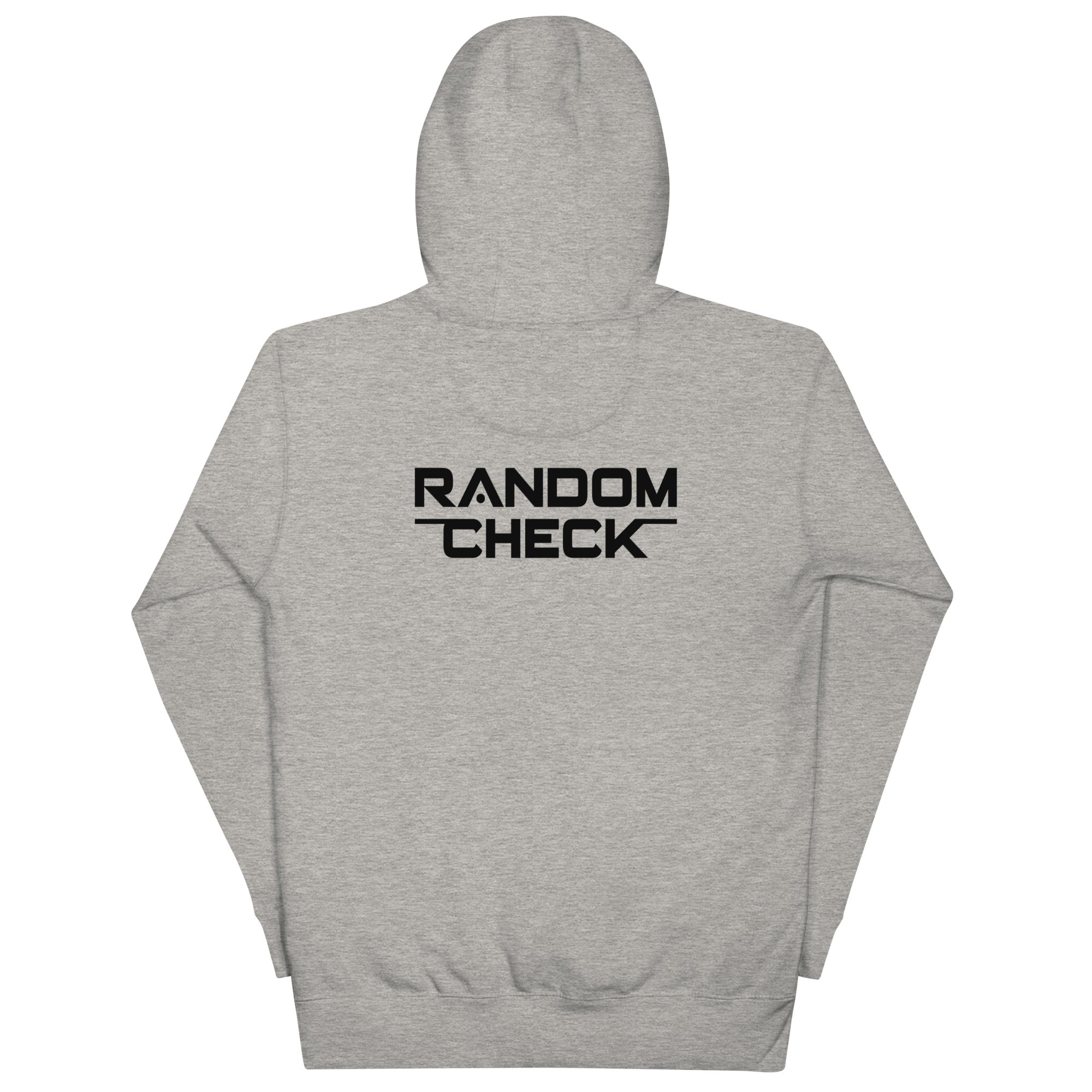 Carbon-grey Foundation Hoodie back view showing Random Check logo detai