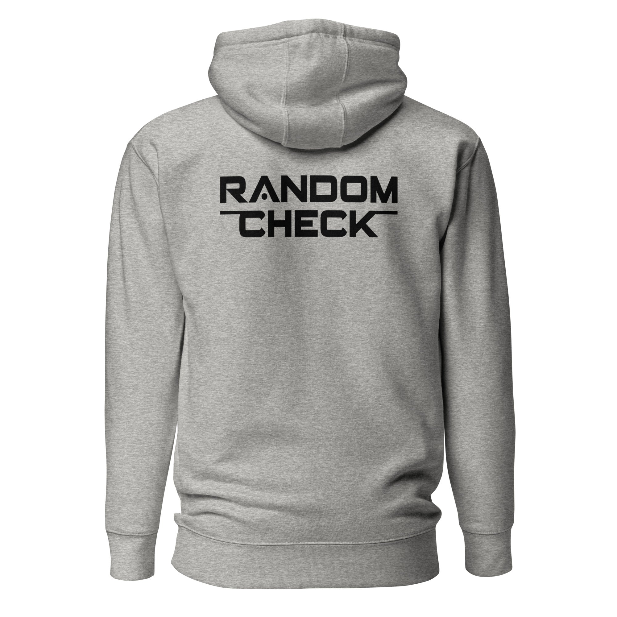 Carbon-grey Foundation Hoodie back view showing Random Check logo detai