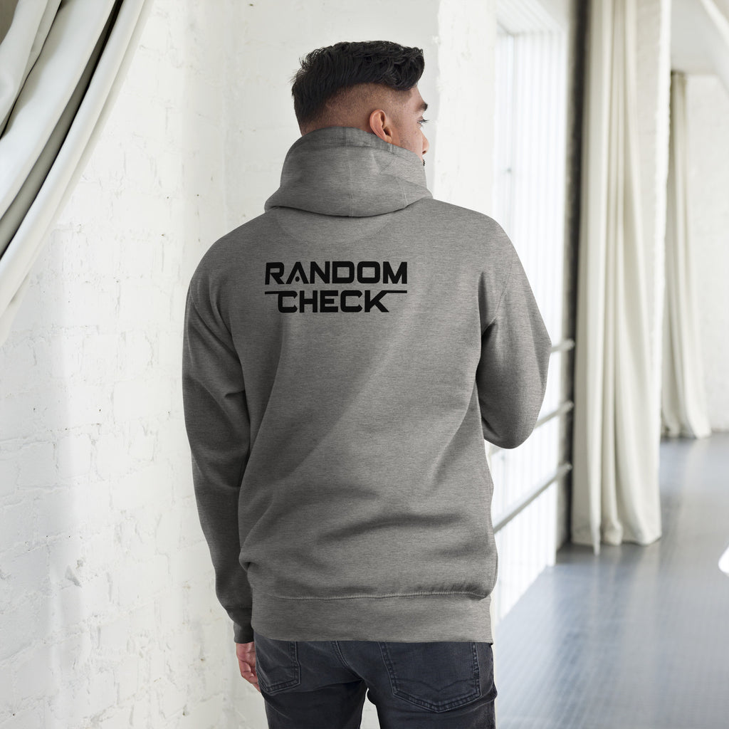 Carbon-grey Foundation Hoodie back view showing Random Check logo detai