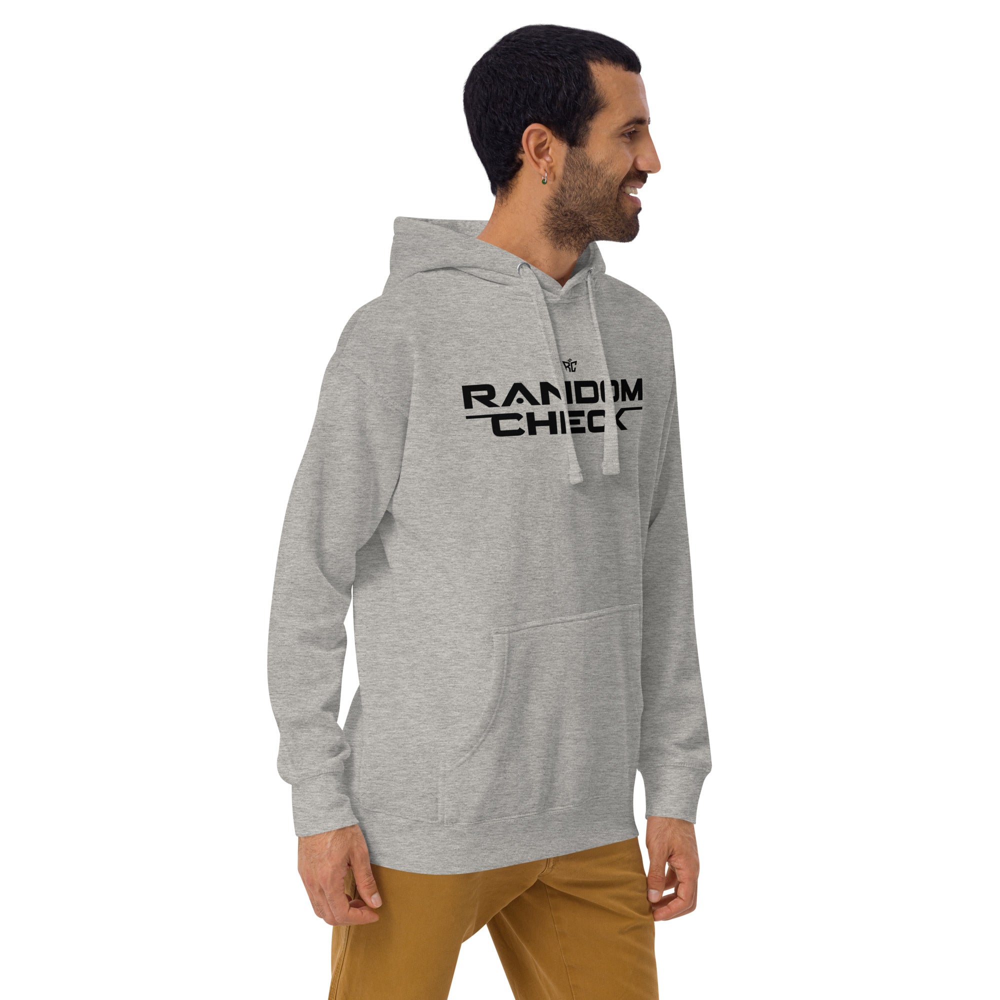 Model wearing carbon grey Identity Hoodie - men's premium streetwear hoodie