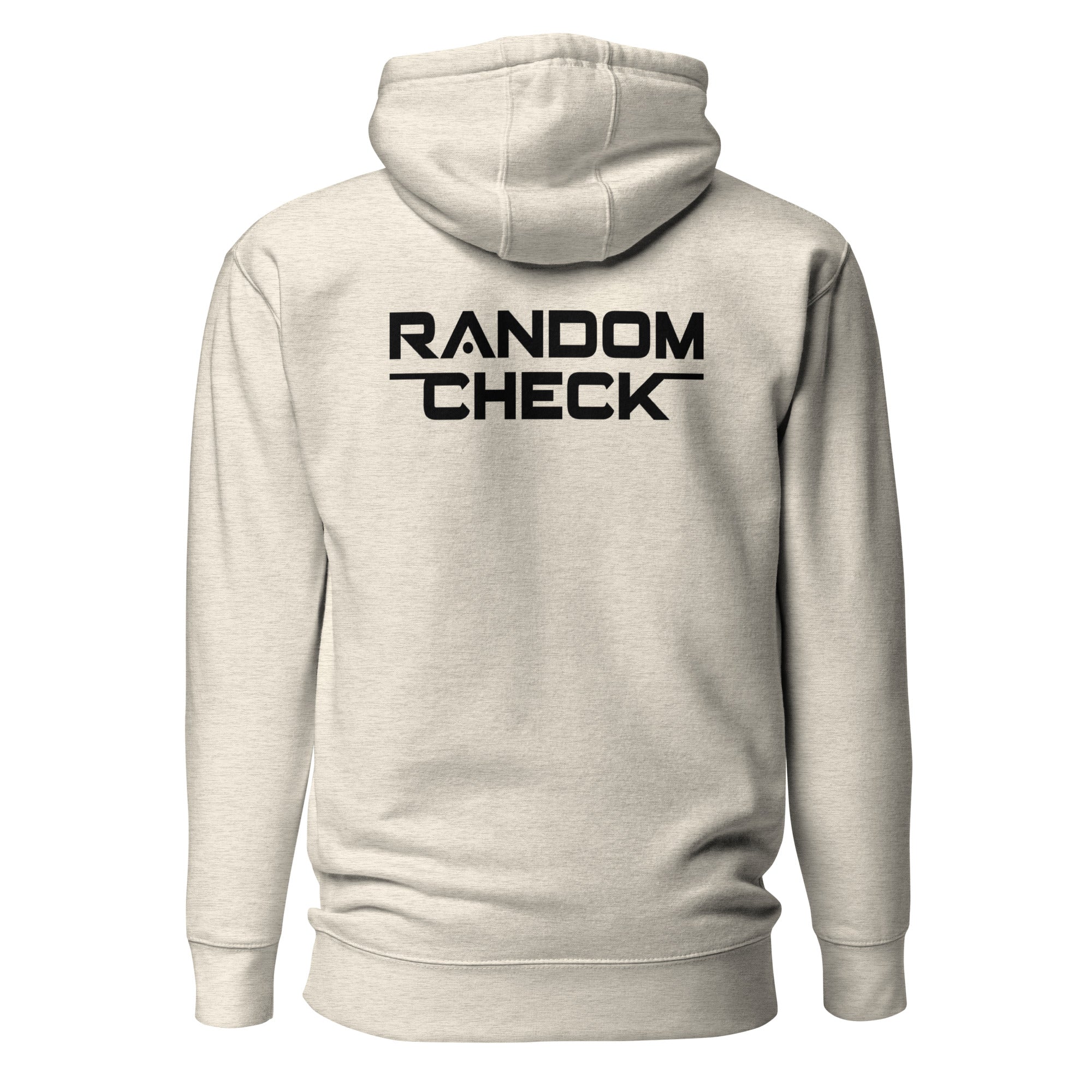 Oatmeal-heather Foundation Hoodie back view showing Random Check logo detai