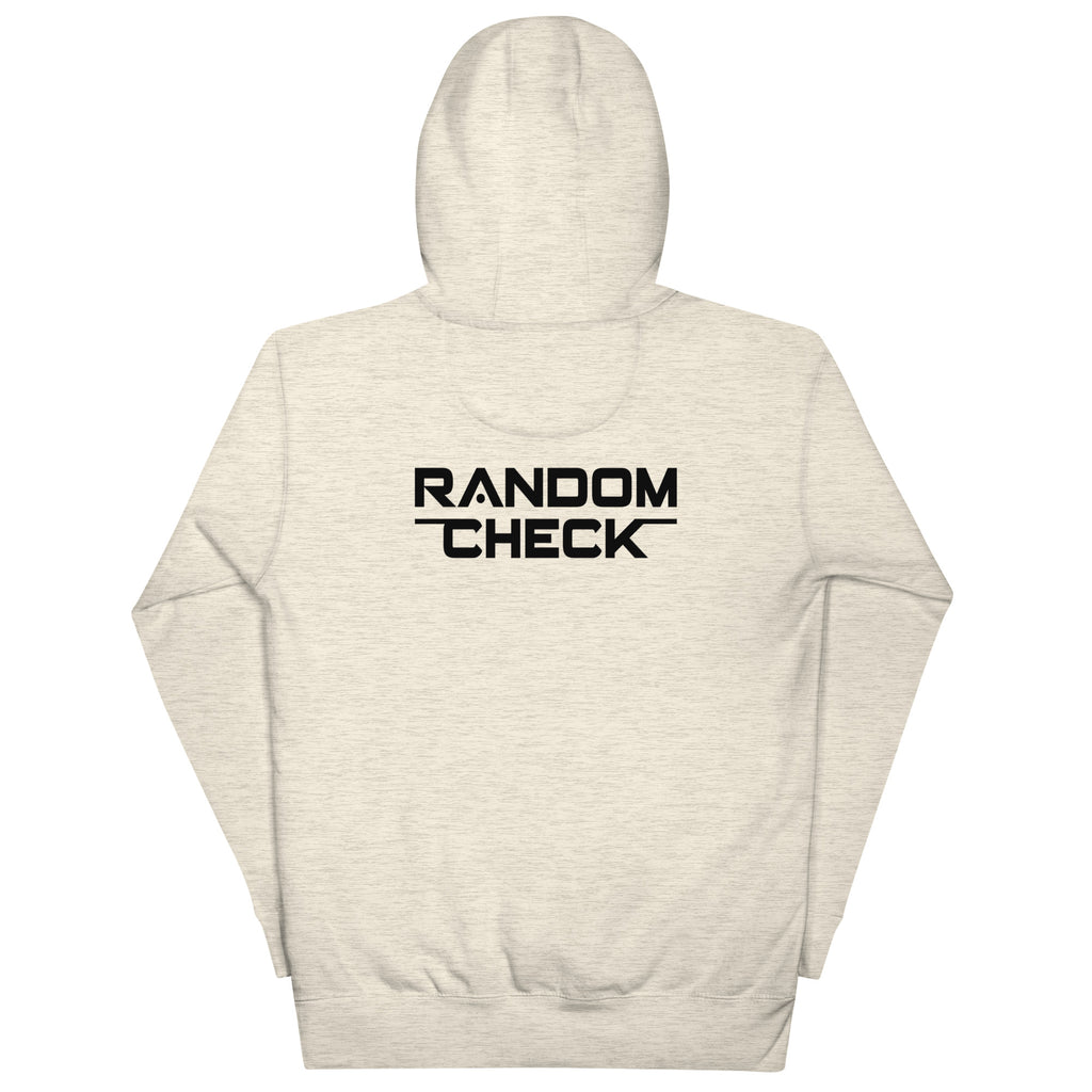 Oatmeal-heather Foundation Hoodie back view showing Random Check logo detai