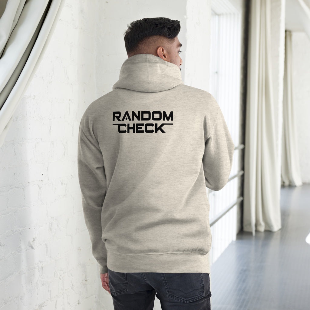 Oatmeal-heather Foundation Hoodie back view showing Random Check logo detai