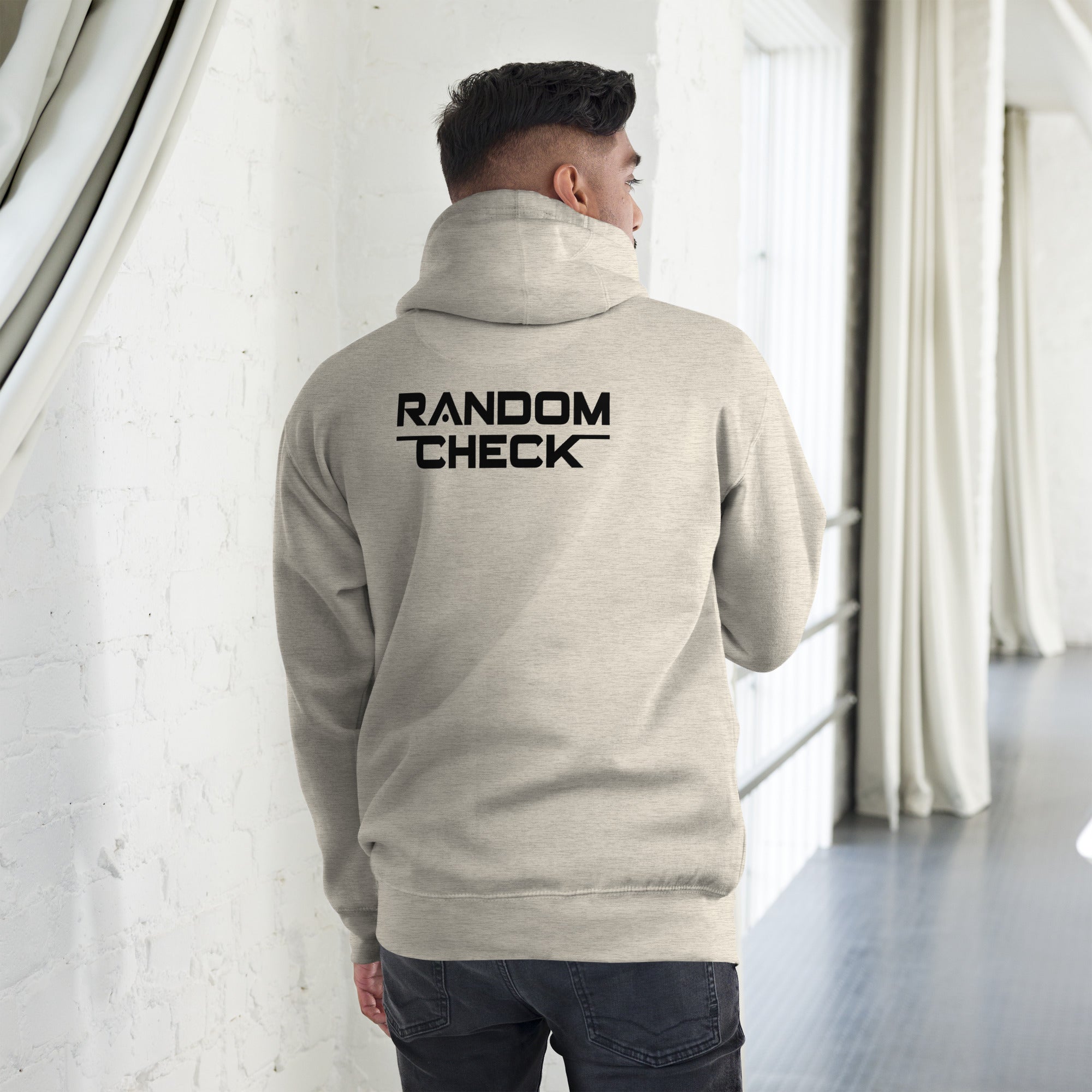 Oatmeal-heather Foundation Hoodie back view showing Random Check logo detai