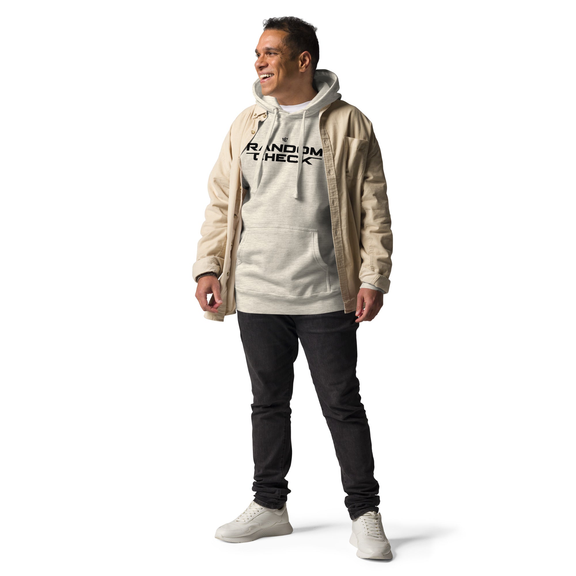 Model wearing oatmeal heather Identity Hoodie - men's premium streetwear hoodie