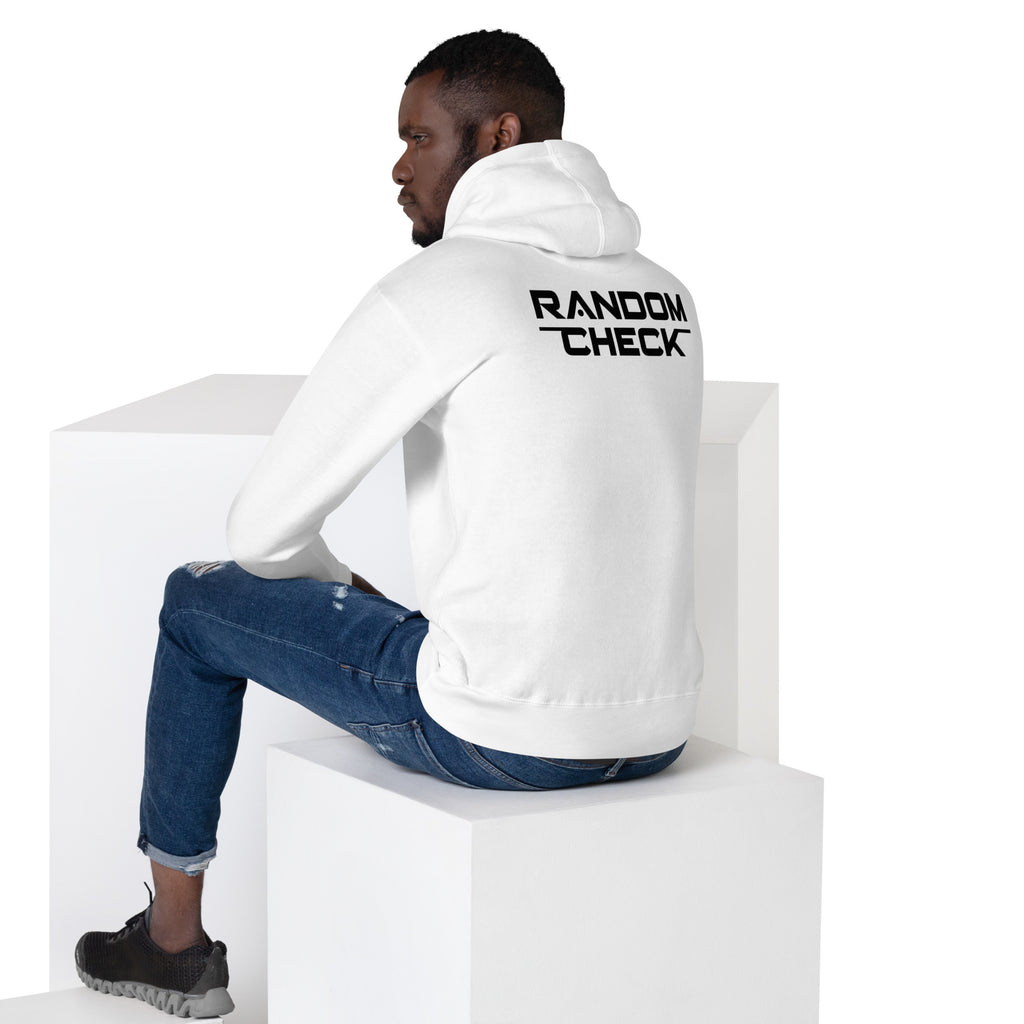 White Foundation Hoodie back view showing Random Check logo detai