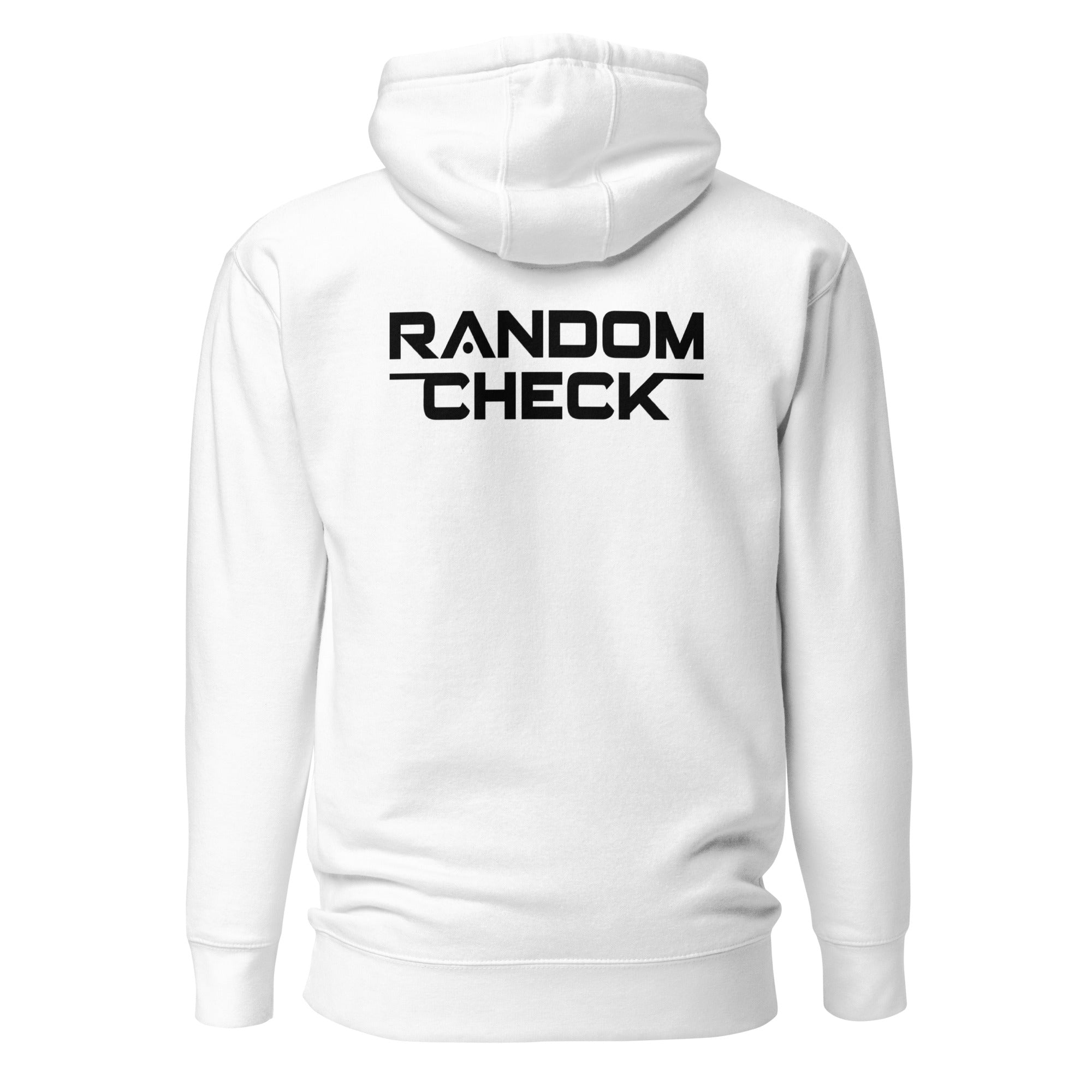 White Foundation Hoodie back view showing Random Check logo detai