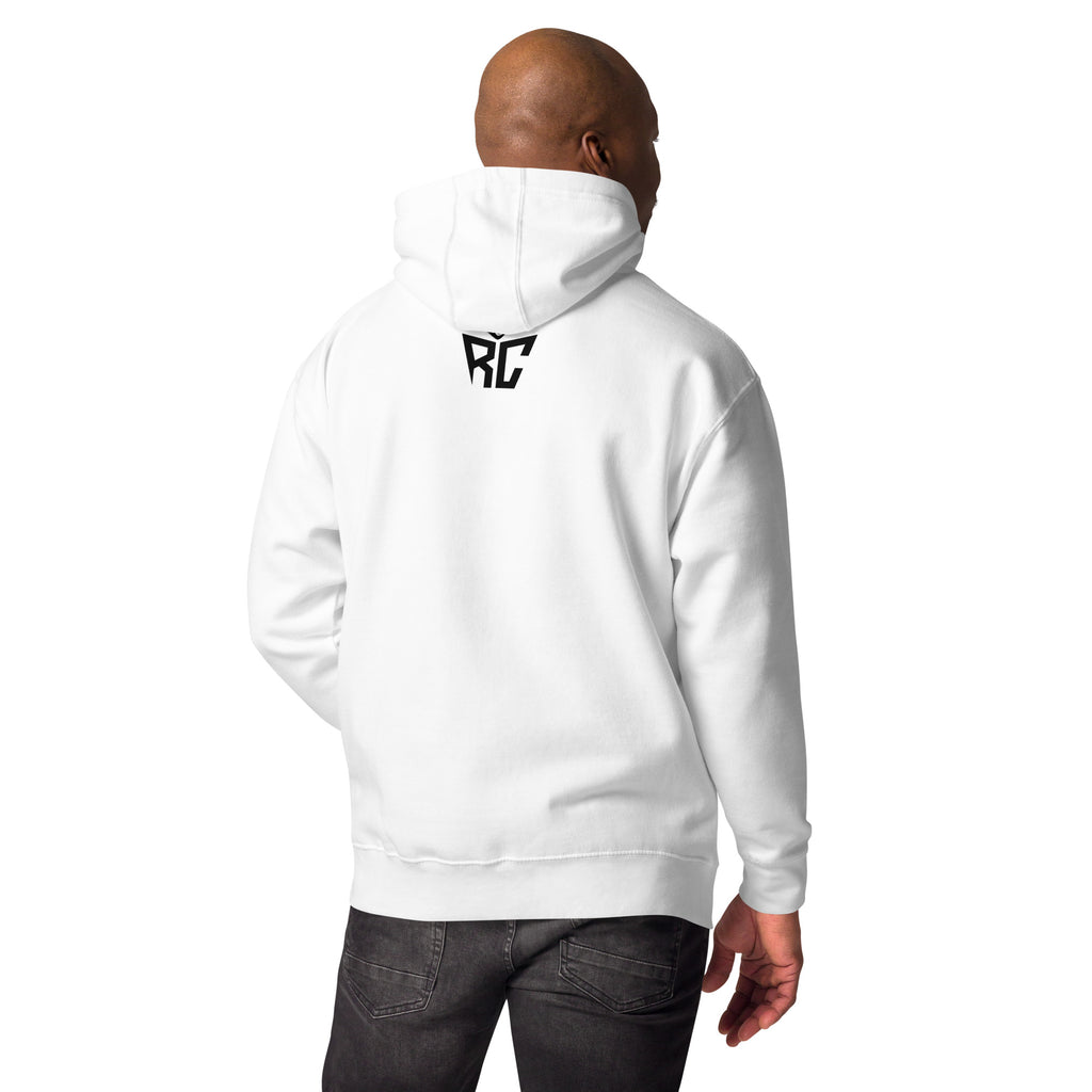 Model wearing white Identity Hoodie - men's premium streetwear hoodie