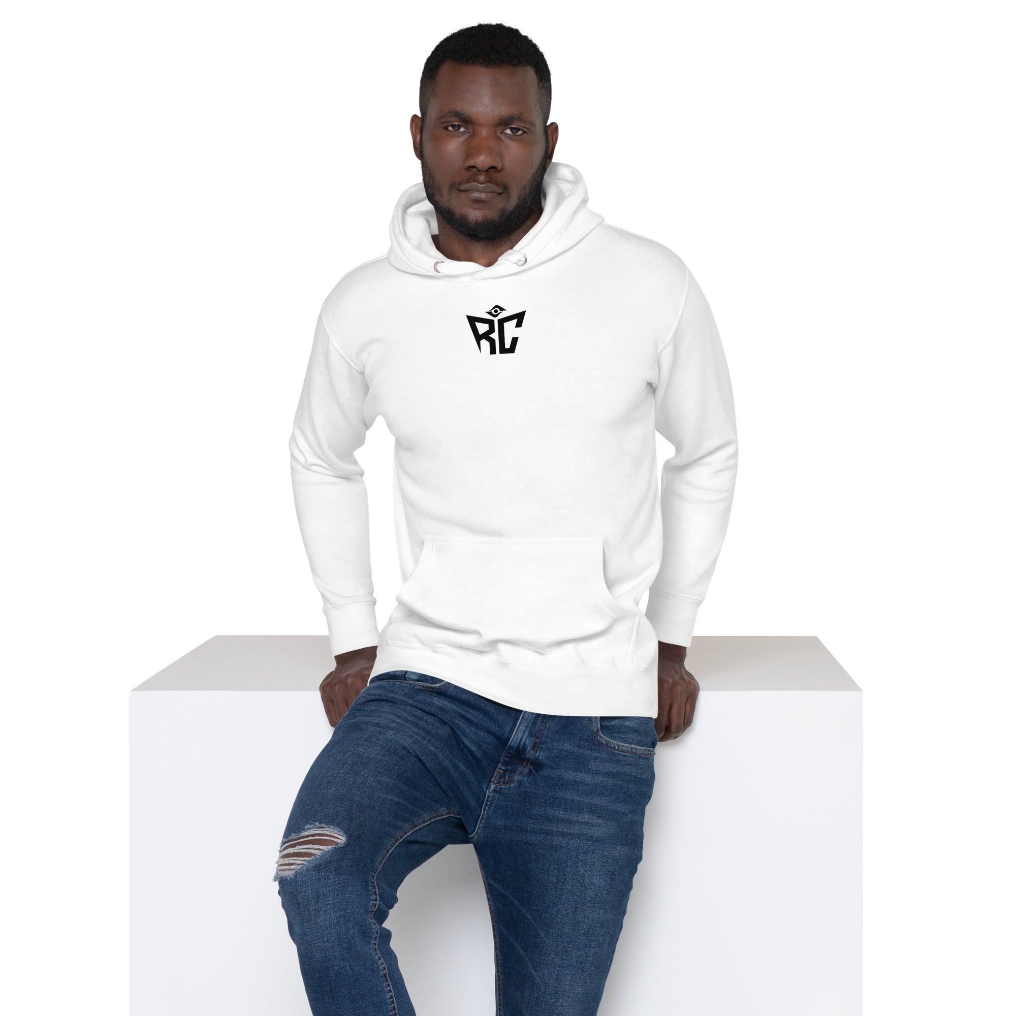 Model wearing white Foundation Hoodie - men's premium streetwear hoodie