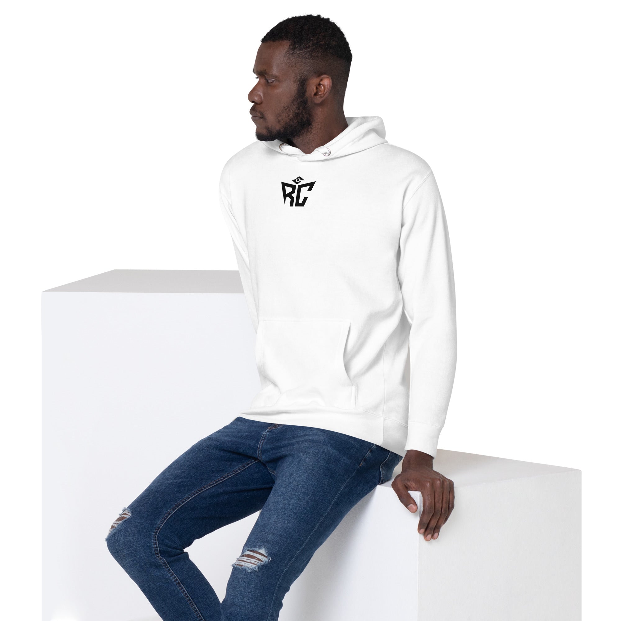 Model wearing white Foundation Hoodie - men's premium streetwear hoodie