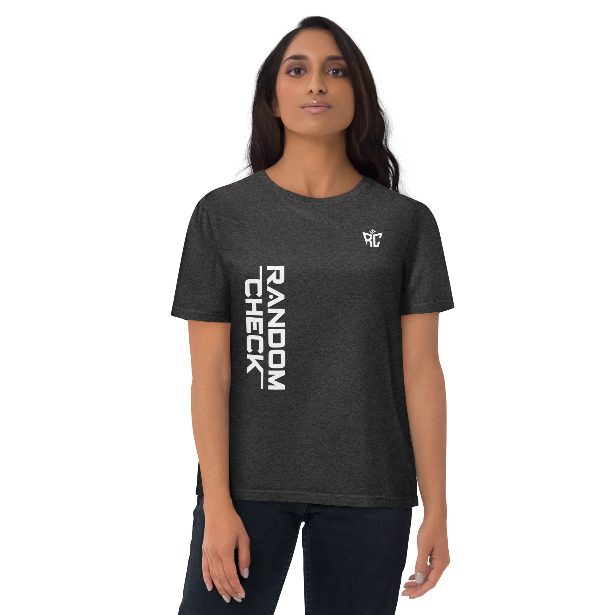 Model wearing dark heather Archive Tee - women's premium streetwear t-shirt