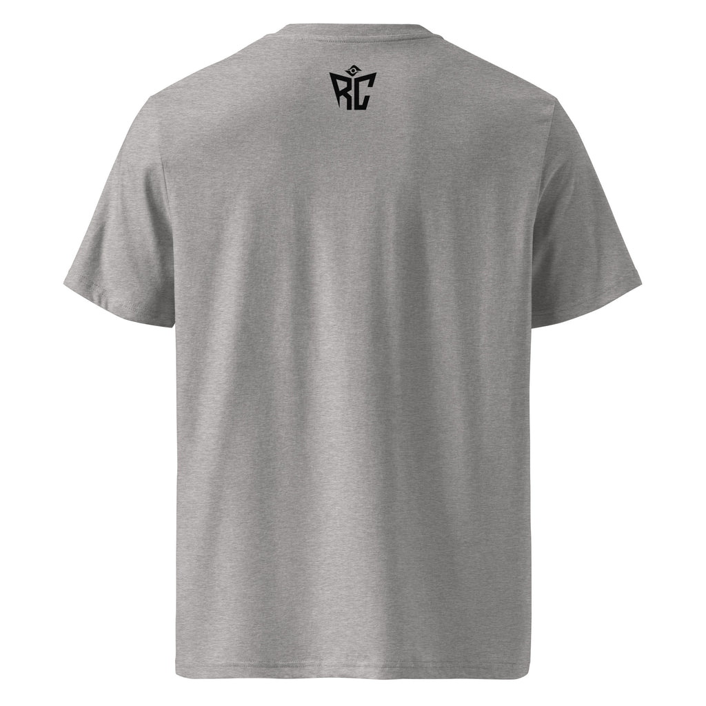 heather-grey Inspector Tee back view showing Random Check logo