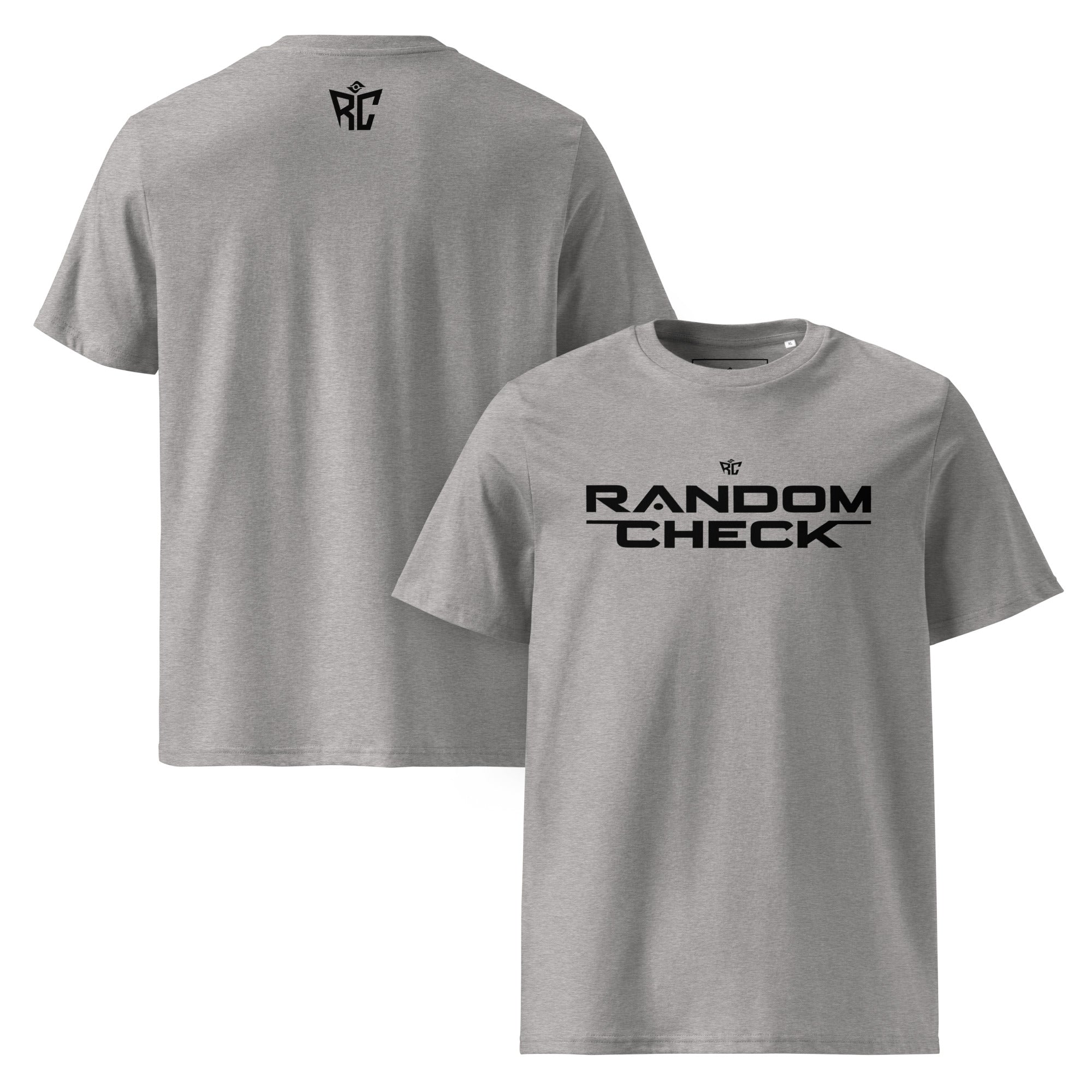 heather-grey Inspector Tee front and back view showing Random Check logo
