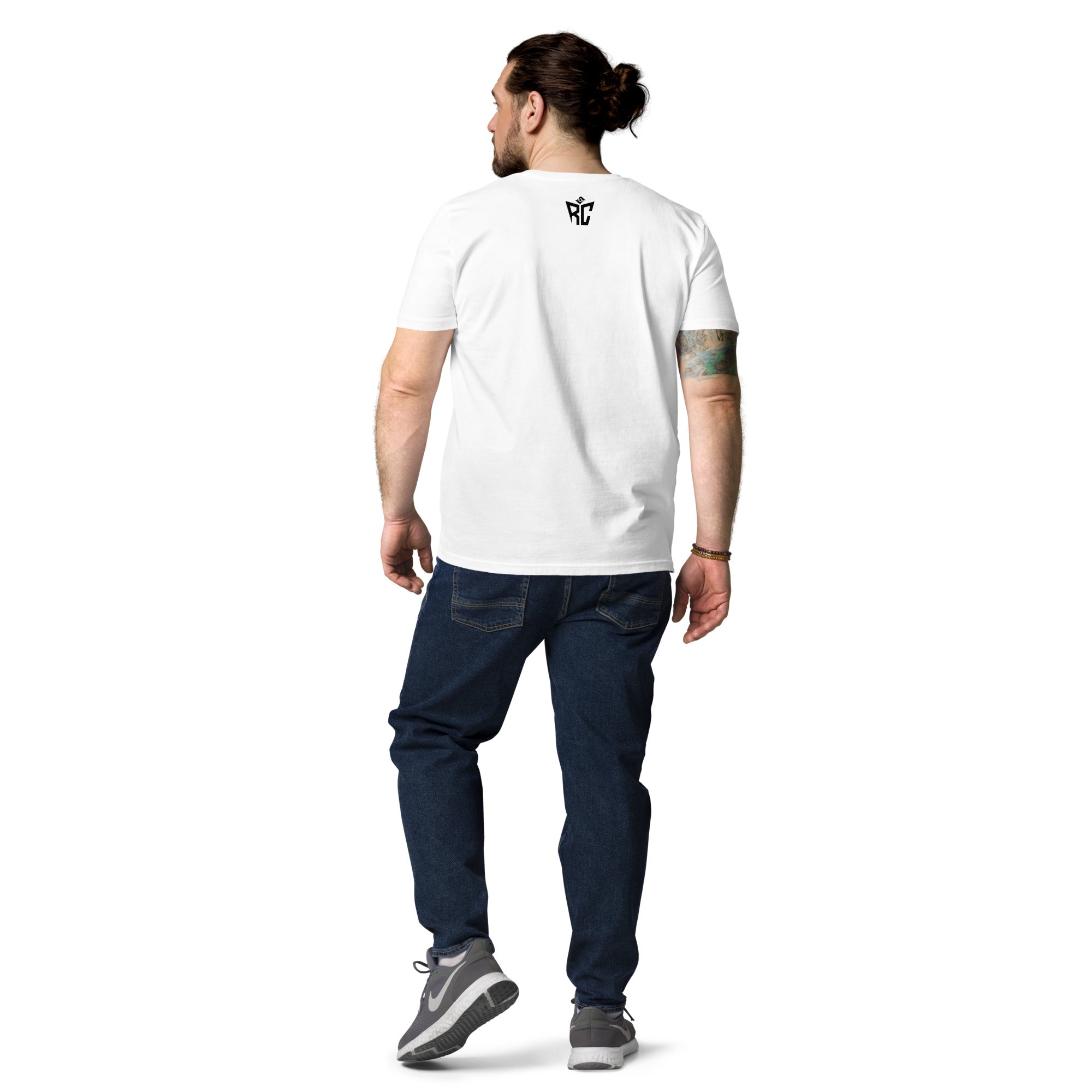 White Inspector Tee back view showing Random Check logo