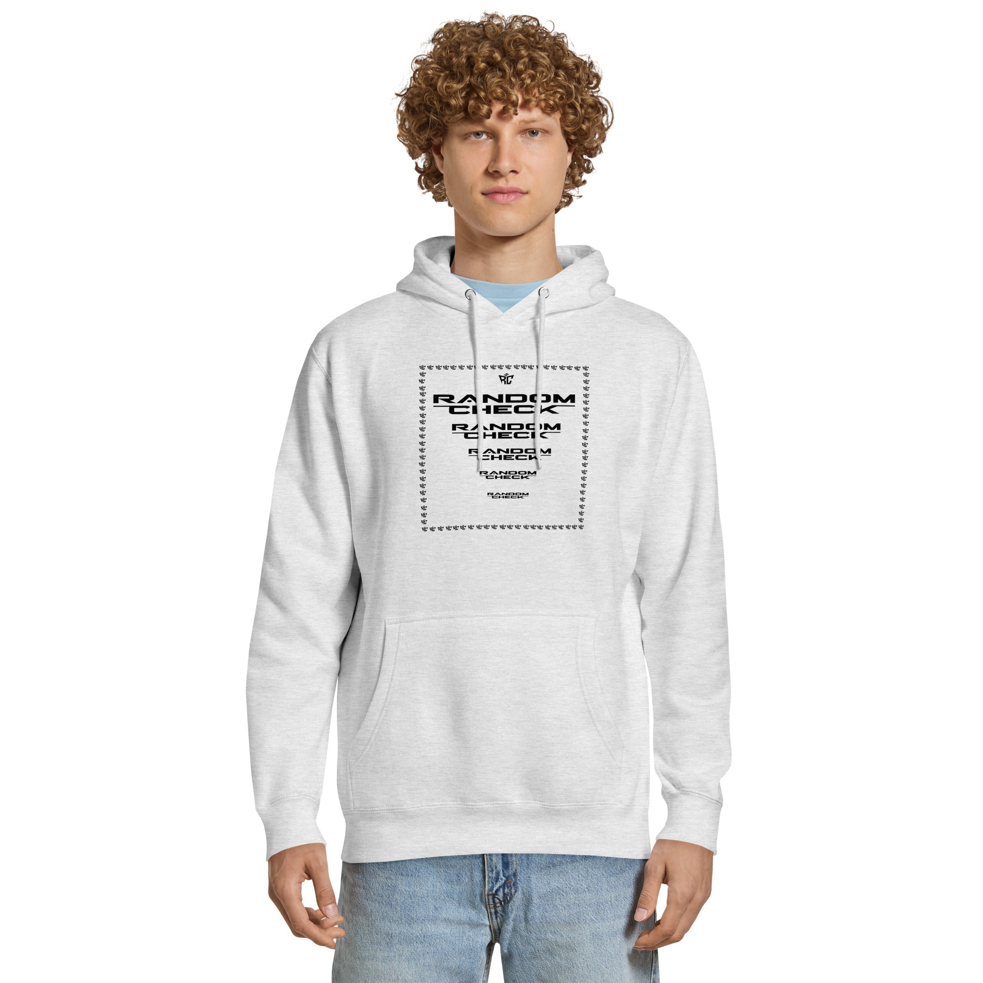 Heather grey Premier Hoodie front view - Random Check premium streetwear hoodie for men