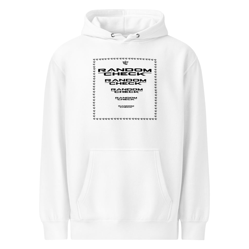 White Premier Hoodie front view - Random Check premium streetwear hoodie for men