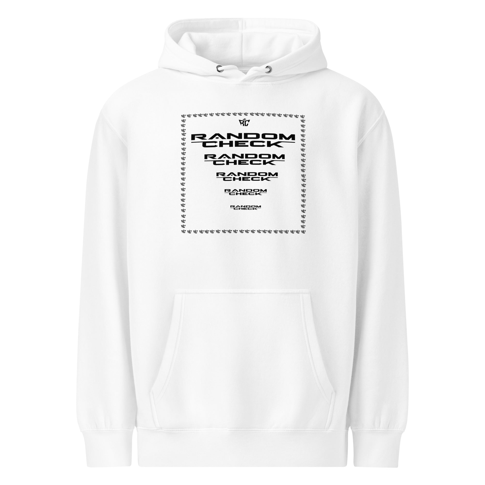 White Premier Hoodie front view - Random Check premium streetwear hoodie for men