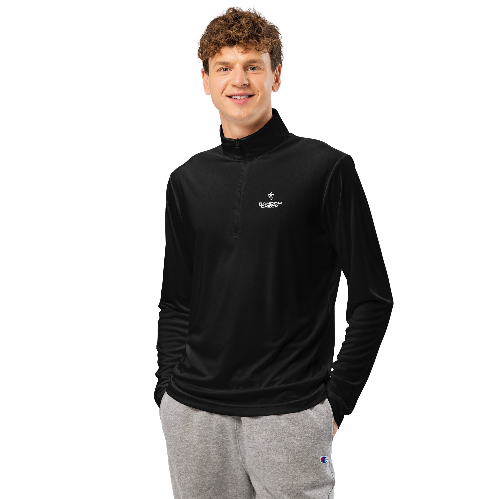 Man wearing a black quarter-zip sweatshirt with text on a white background
