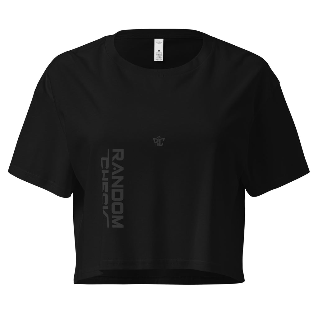 Black crop top with text and logo on a white background