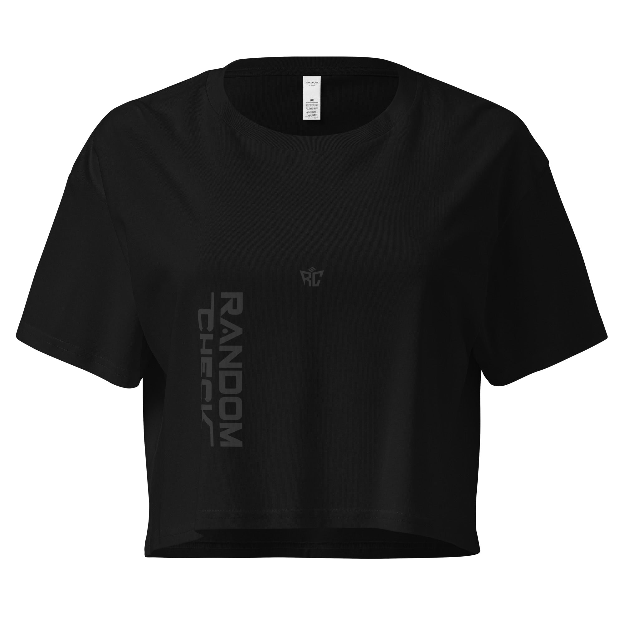 Black crop top with text and logo on a white background
