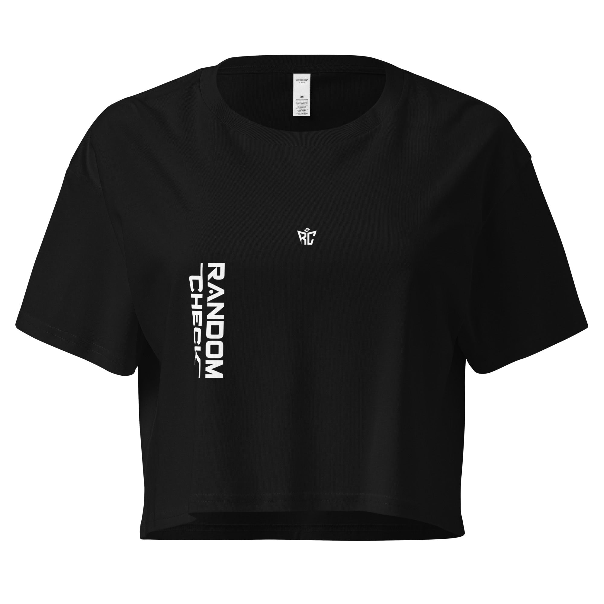 Black crop top with white text and logo on a white background