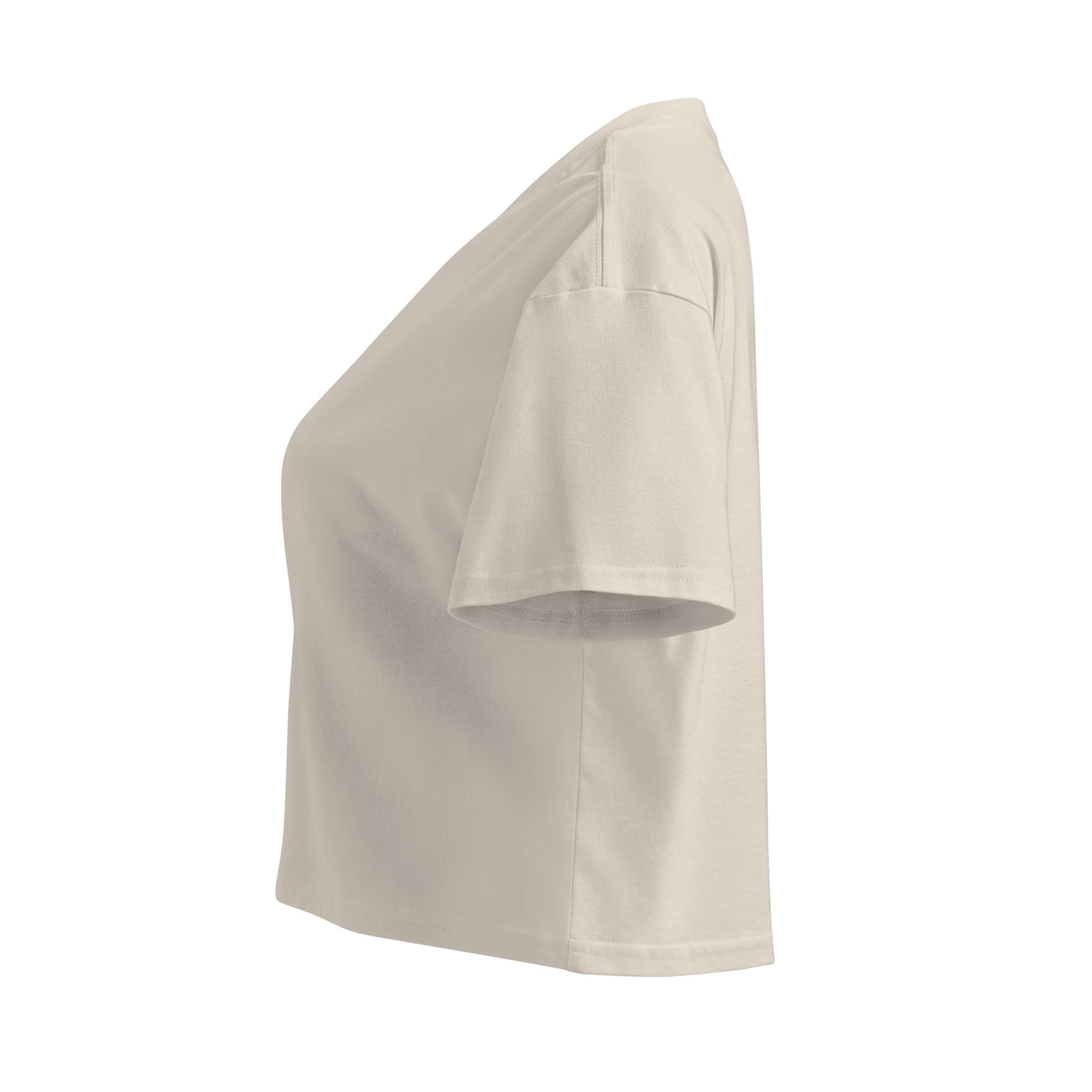 Beige t-shirt with a small logo on a white background
