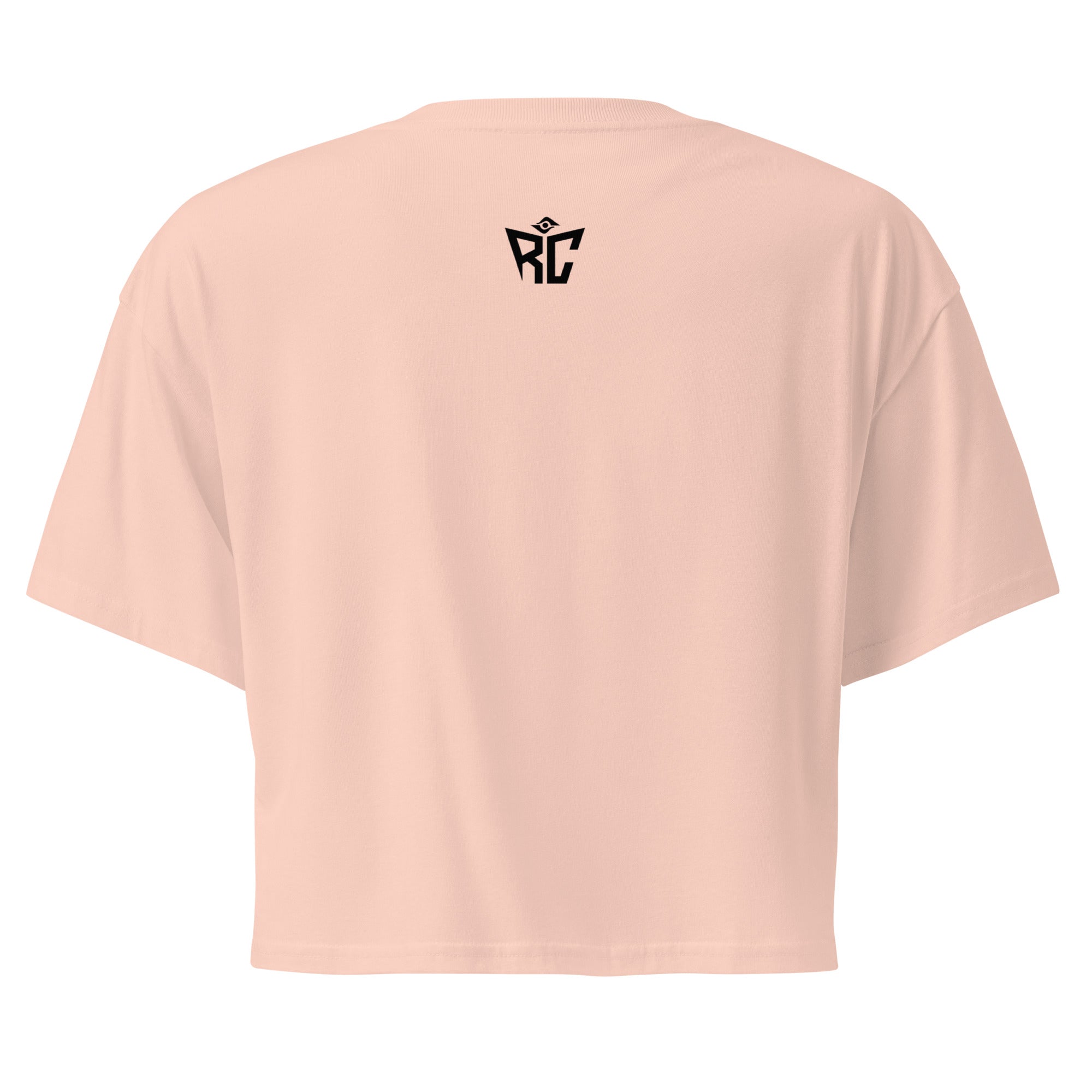 Pink t-shirt with a black logo on the back against a white background