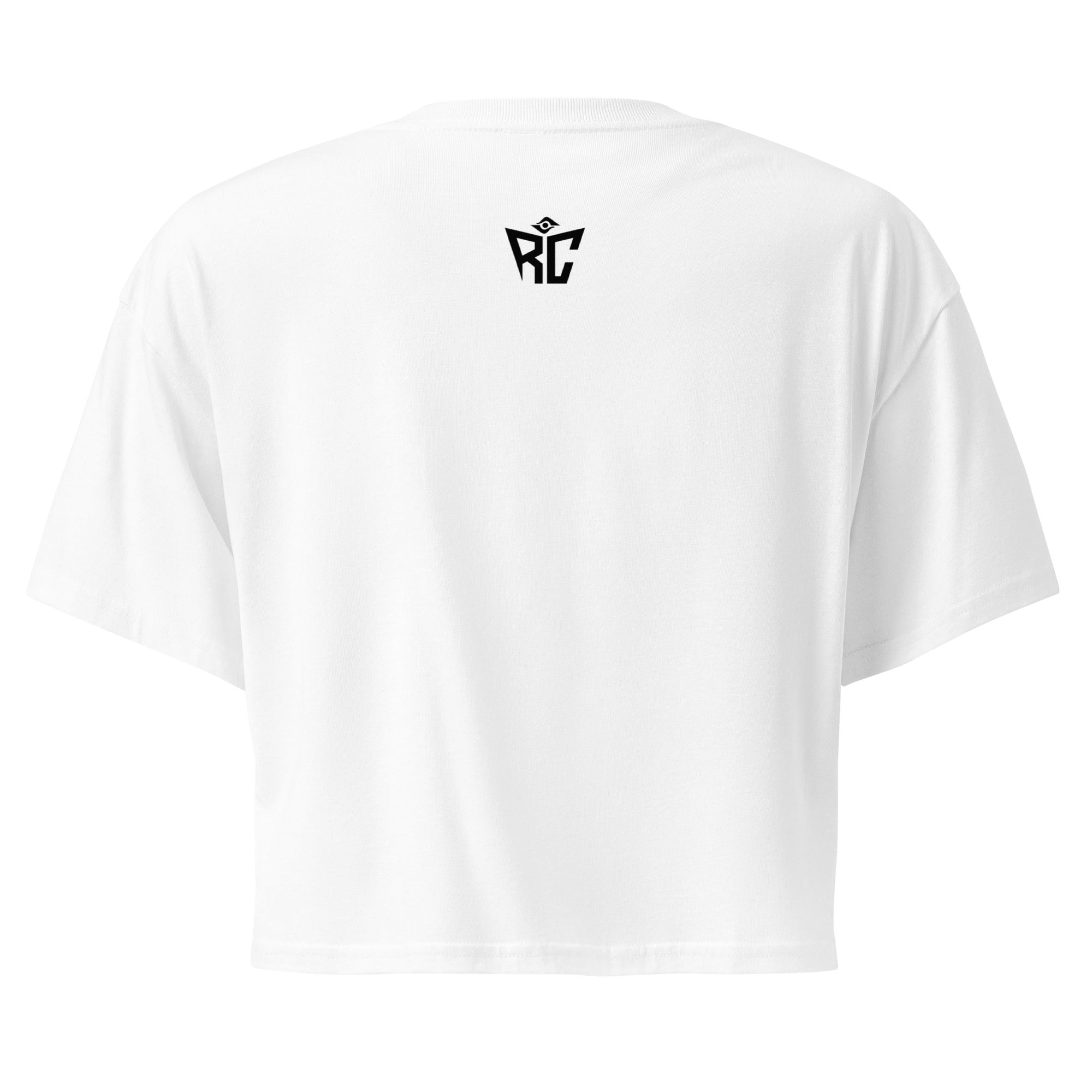 White t-shirt with a black logo on the back against a white background