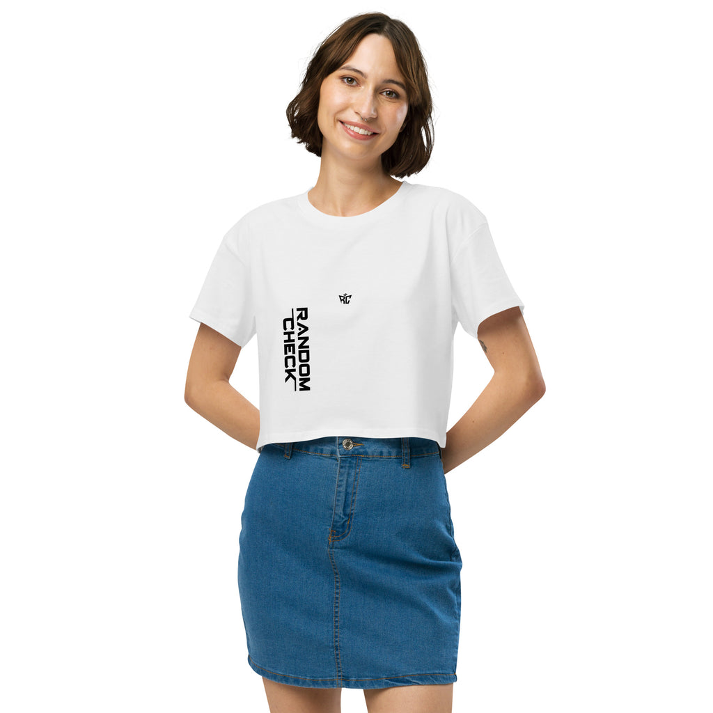 Woman wearing a white t-shirt with text and a blue denim skirt on a white background