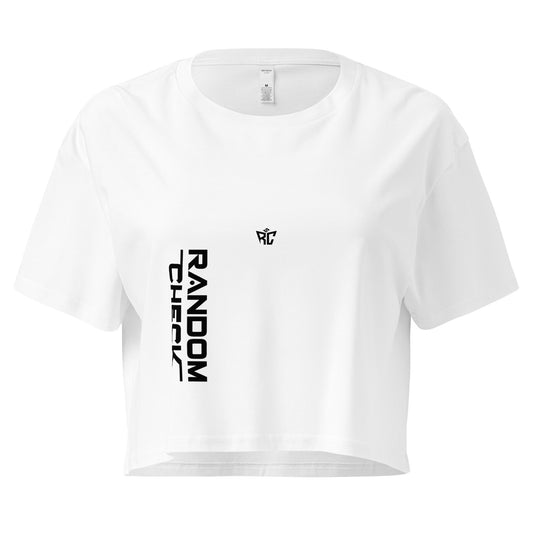 White t-shirt with black text and logo on a white background