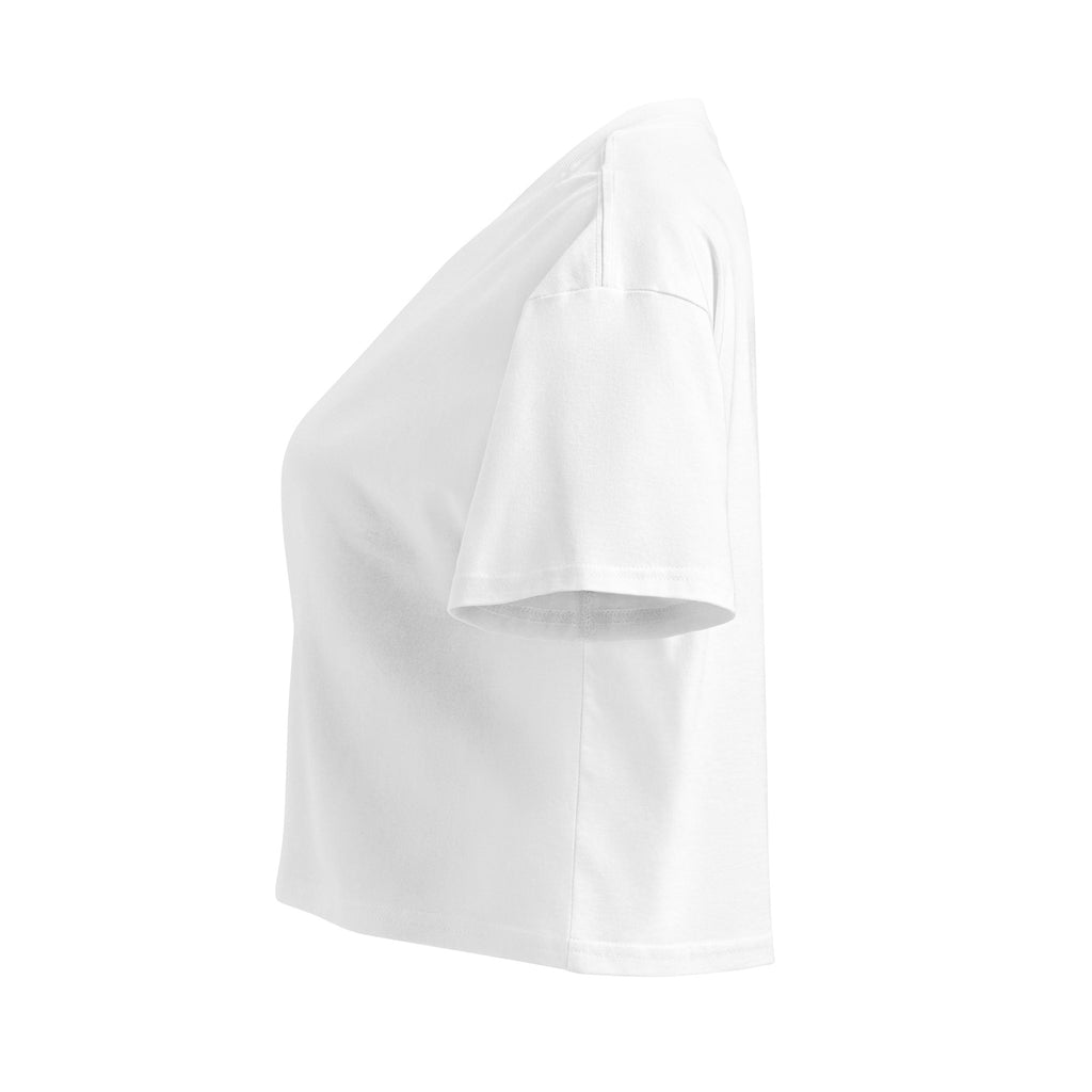 White t-shirt with black text on a white background